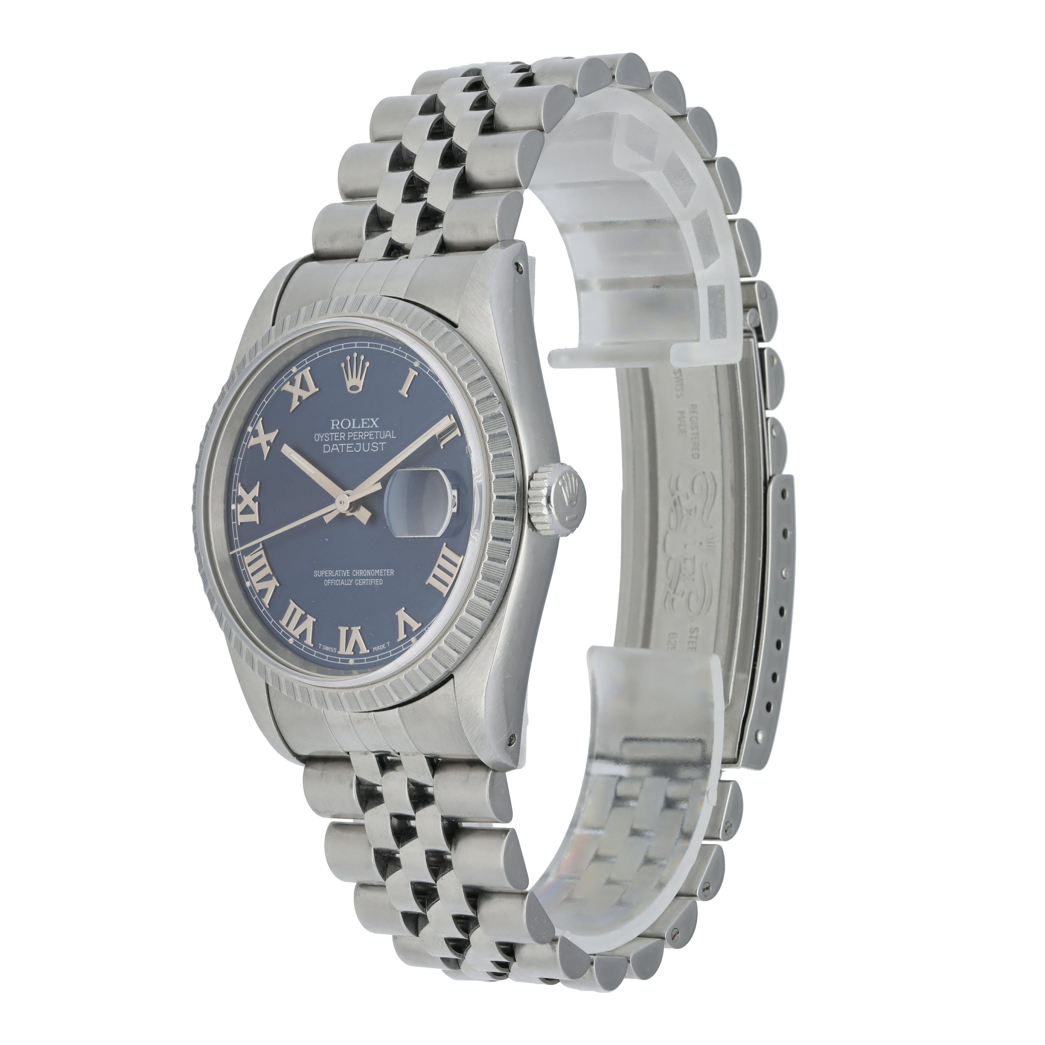 Rolex Datejust 16220 Mens Watch.
36mm stainless steel case with stainless steel engine turn bezel.
Blue dial with steel hands and Roman numeral hour markers.
Date display at 3 o'clock position.
Minute markers around the outer dial.
Stainless steel