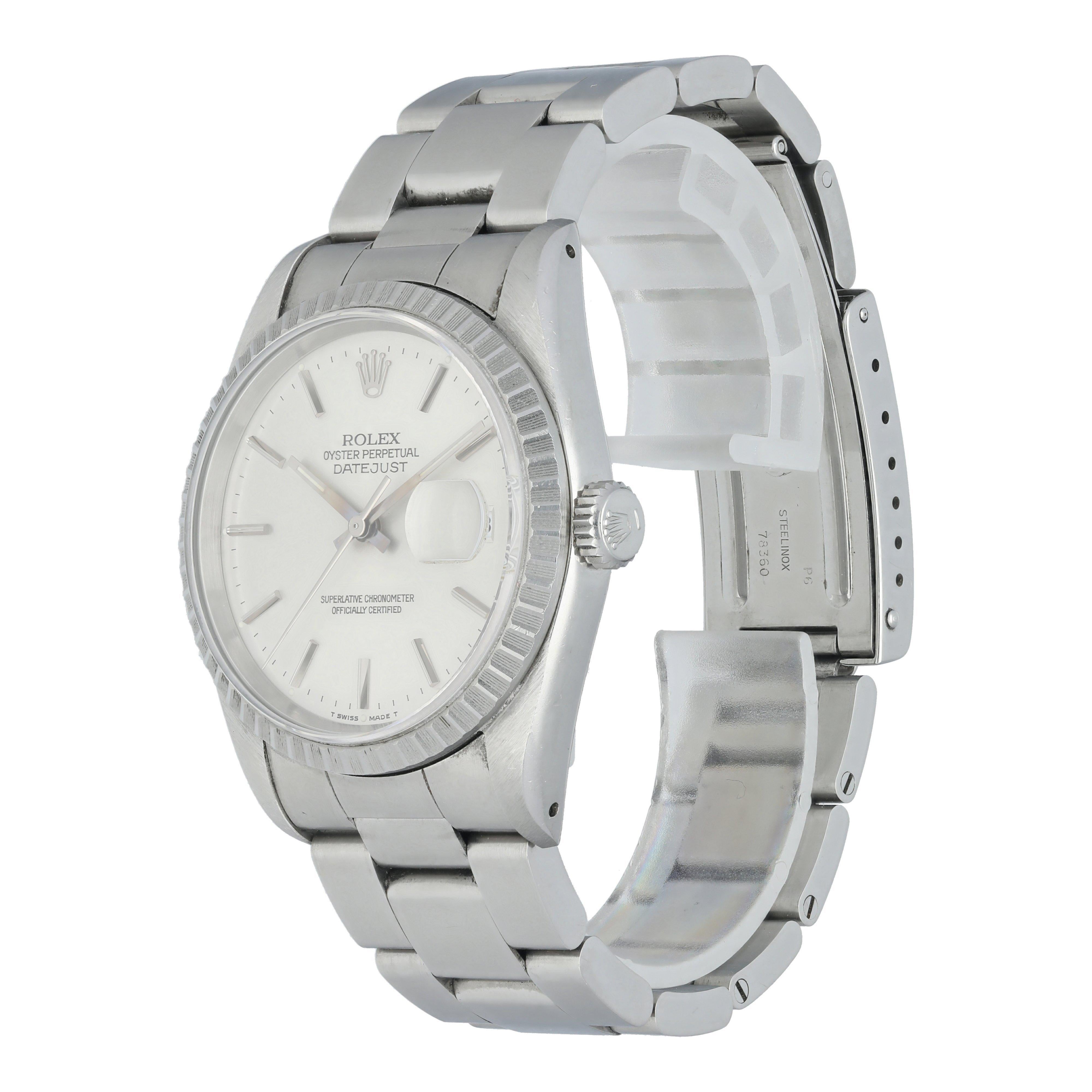 Rolex Datejust 16220 Mens Watch.
36mm stainless steel case with stainless steel engine turn bezel.
grey dial with steel hands and index hour markers.
Date display at 3 o'clock position.
Minute markers around the outer dial.
Stainless steel jubilee