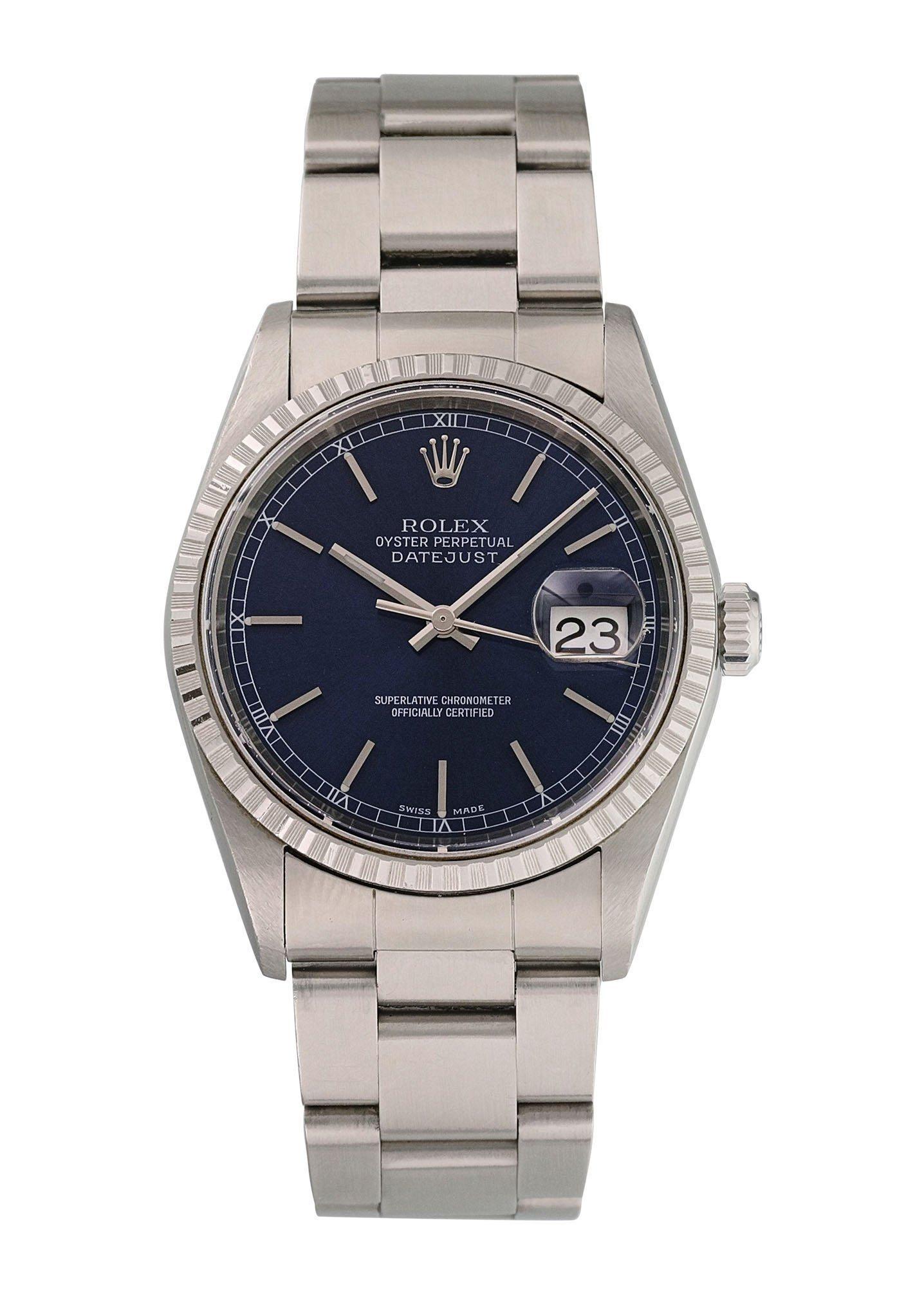 Rolex Datejust 16220 Men's Watch.
36mm Stainless Steel case. 
Stainless Steel engine turn bezel. 
Blue dial with Luminous Steel hands and index hour markers. 
Minute markers on the outer dial. 
Date display at the 3 o'clock position. 
Stainless