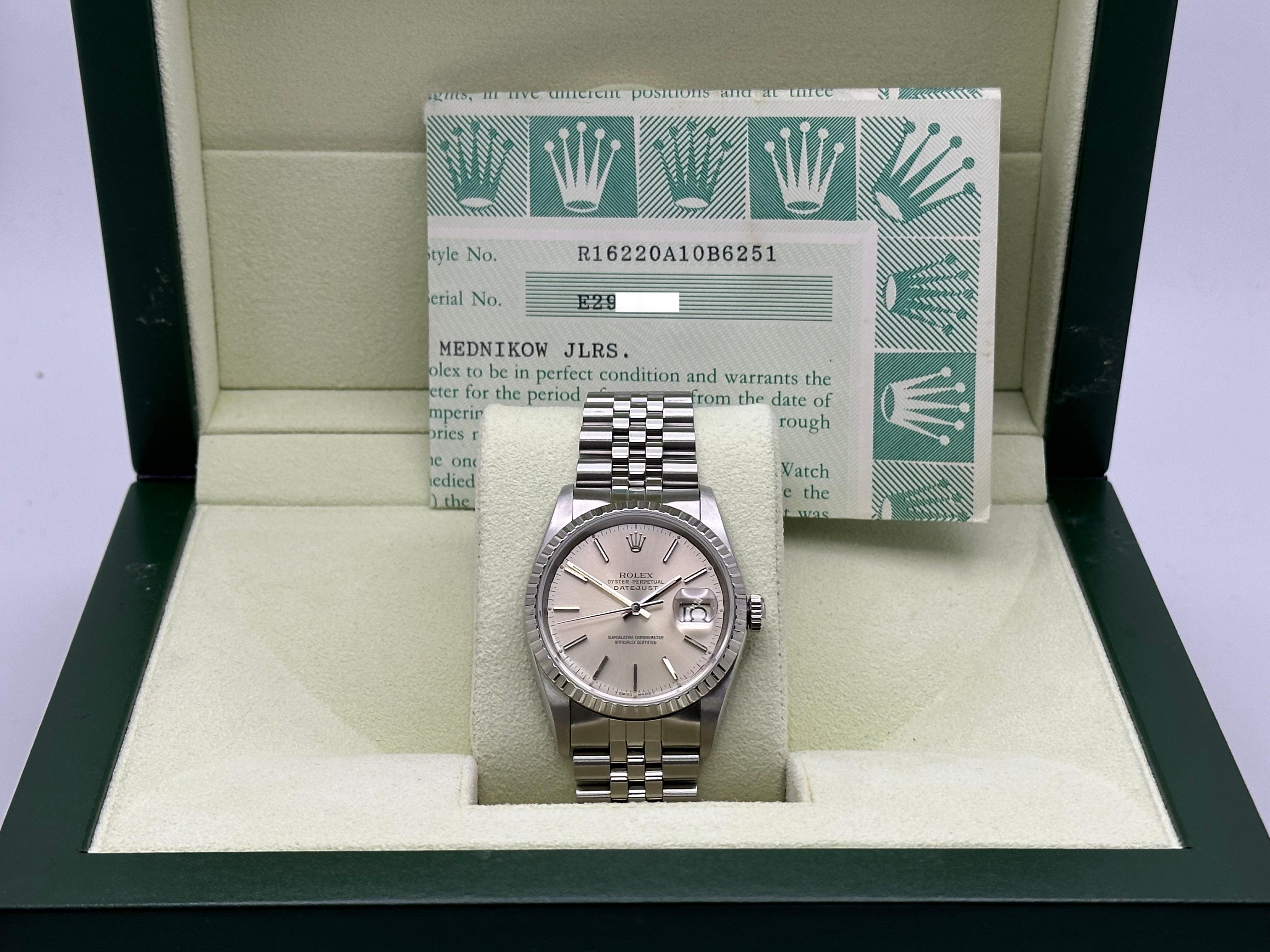 Rolex Datejust 16220 Silver Dial Stainless Steel Jubilee Band Box Paper 36mm For Sale 6