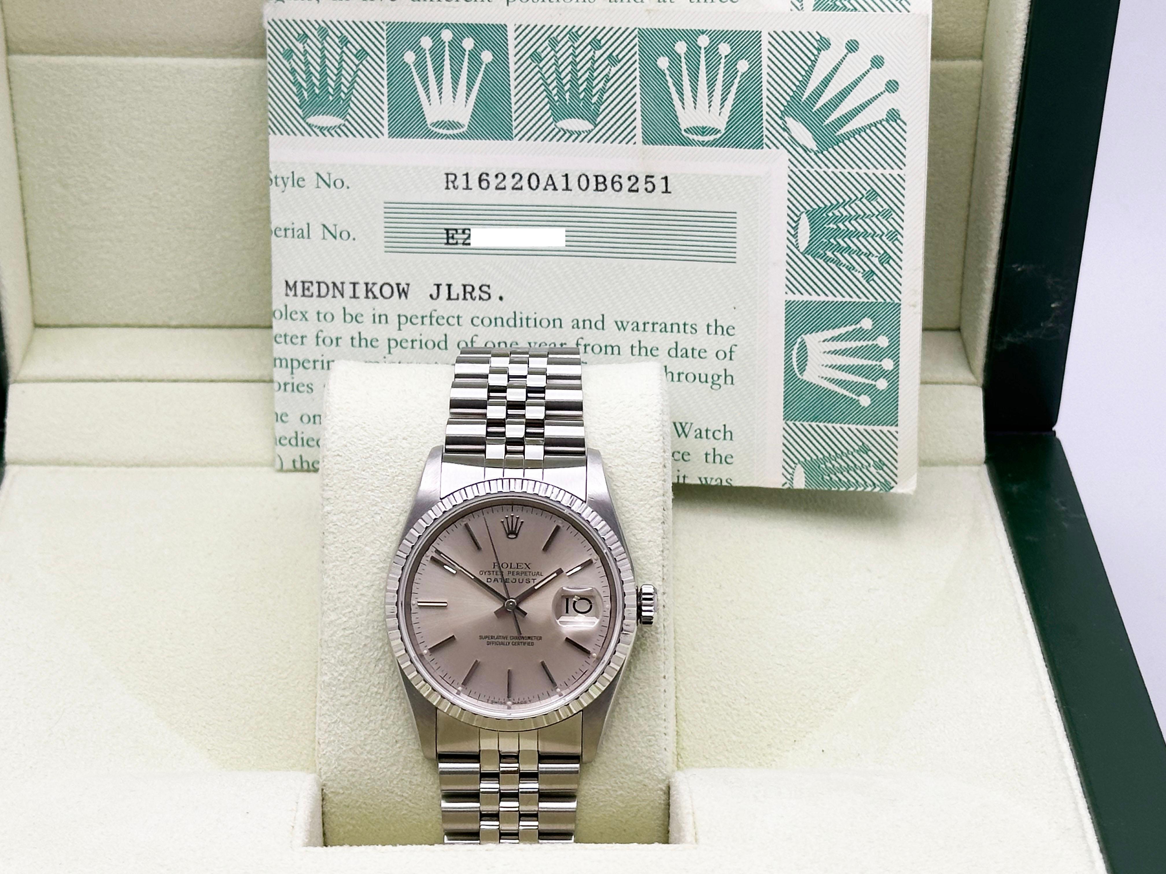 Rolex Datejust 16220 Silver Dial Stainless Steel Jubilee Band Box Paper 36mm For Sale 7