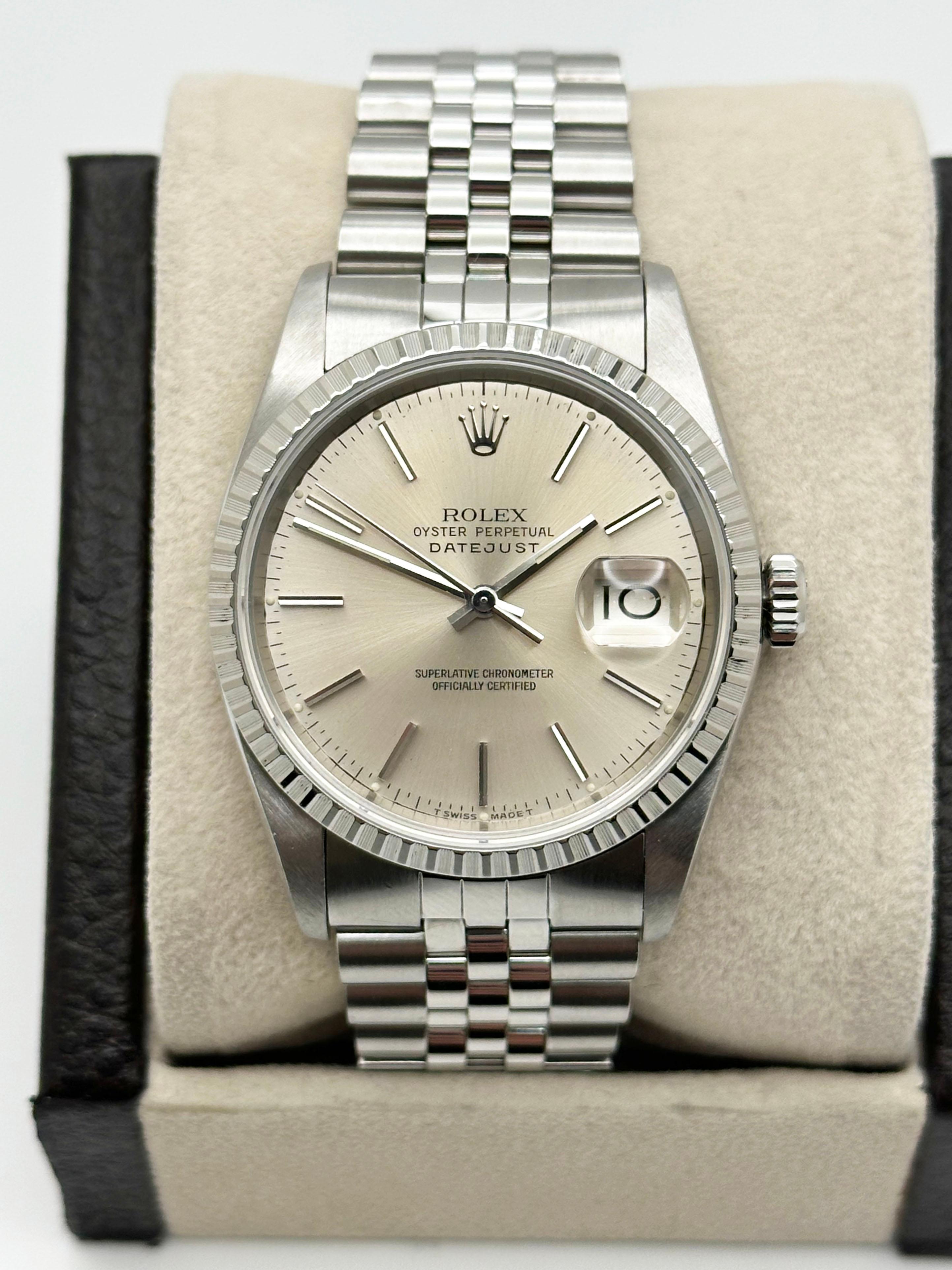 Style Number: 16220



Serial: E290***



Year: 1990

 

Model: Rolex Datejust 

 

Case Material: Stainless Steel 

 

Band: Stainless Steel Jubilee Band

  

Bezel: Stainless Steel 

  

Dial: Silver Dial 

 

Face: Sapphire Crystal 

 

Case