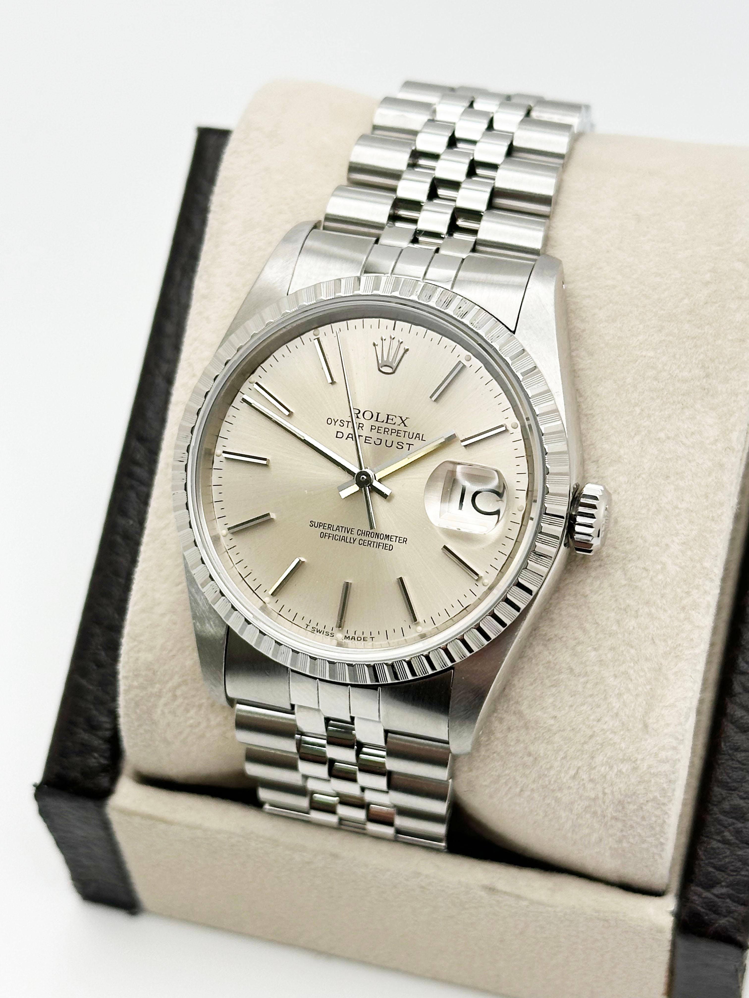 Men's Rolex Datejust 16220 Silver Dial Stainless Steel Jubilee Band Box Paper 36mm For Sale