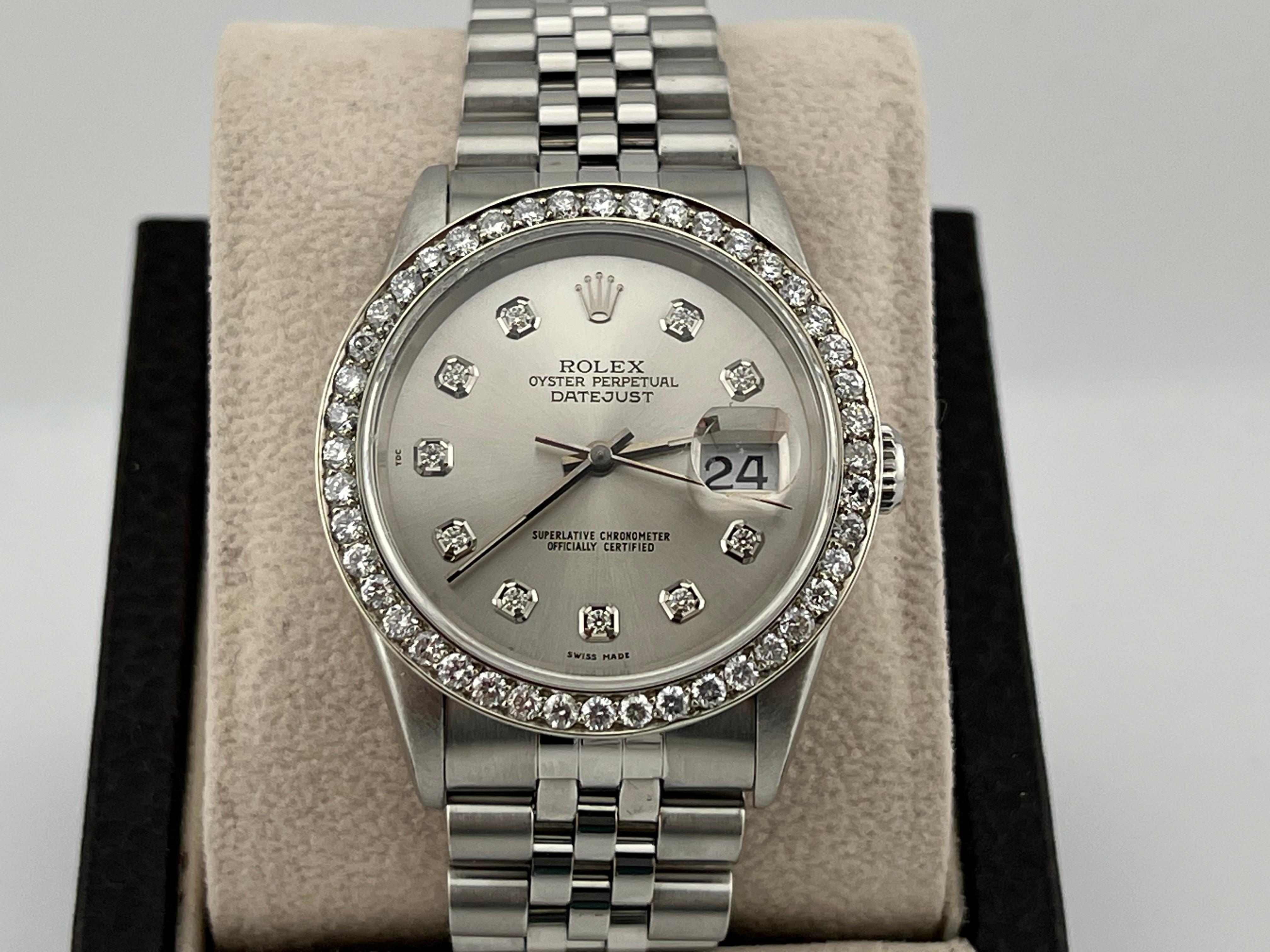 Style Number: 16220


Serial: W945***


Year: 1995


Model: Rolex Datejust 


Case Material: Stainless Steel 


Band: Stainless Steel 


Bezel: Custom Diamond Bezel


Dial: Custom Diamond Dial


Face: Sapphire Crystal 


Case Size: 36mm