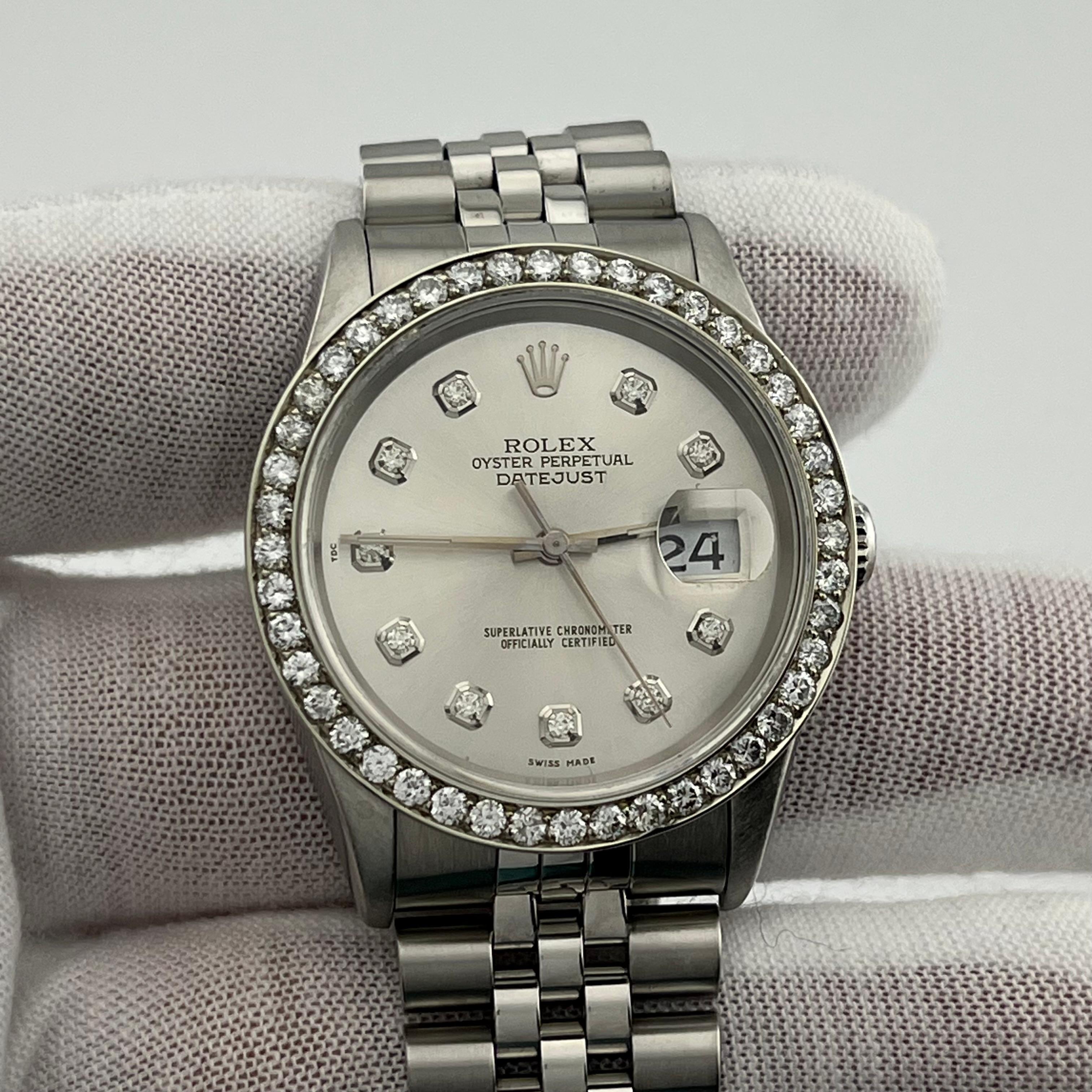 Rolex Datejust 16220 Silver Diamond Dial Diamond Bezel Stainless Steel 36mm For Sale 4