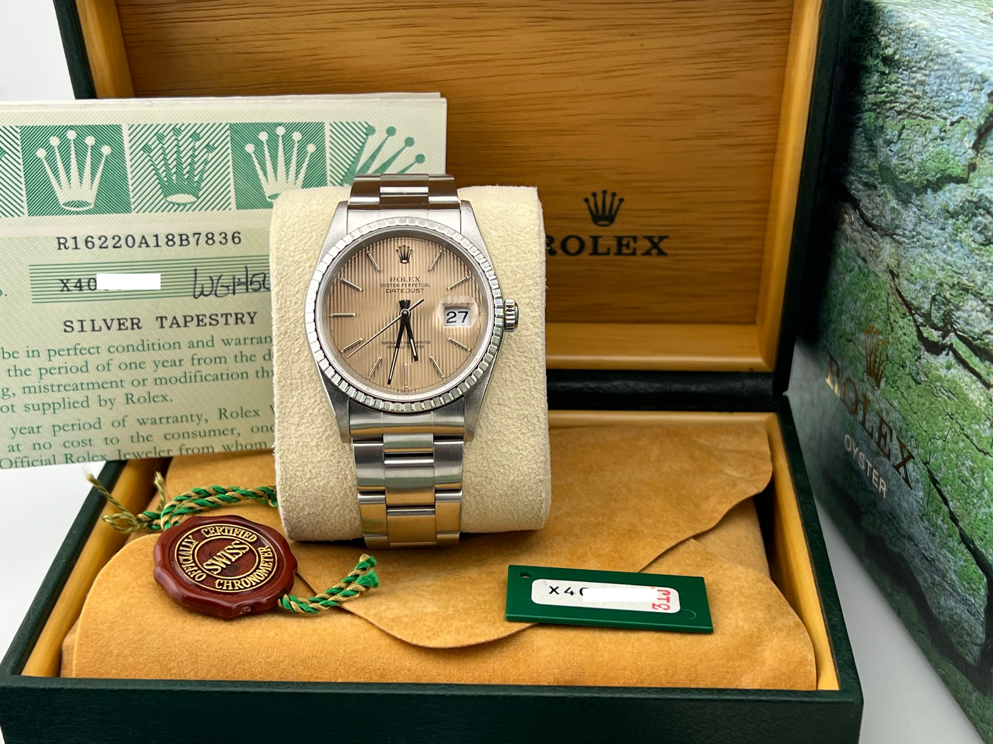 Style Number: 16220



Serial: X403***



Year: 2001

 

Model: Rolex Datejust 

 

Case Material: Stainless Steel 

 

Band: Stainless Steel 

  

Bezel: Stainless Steel Engine-Turned Bezel 

  

Dial: Silver Tapestry Dial 

 

Face: Sapphire