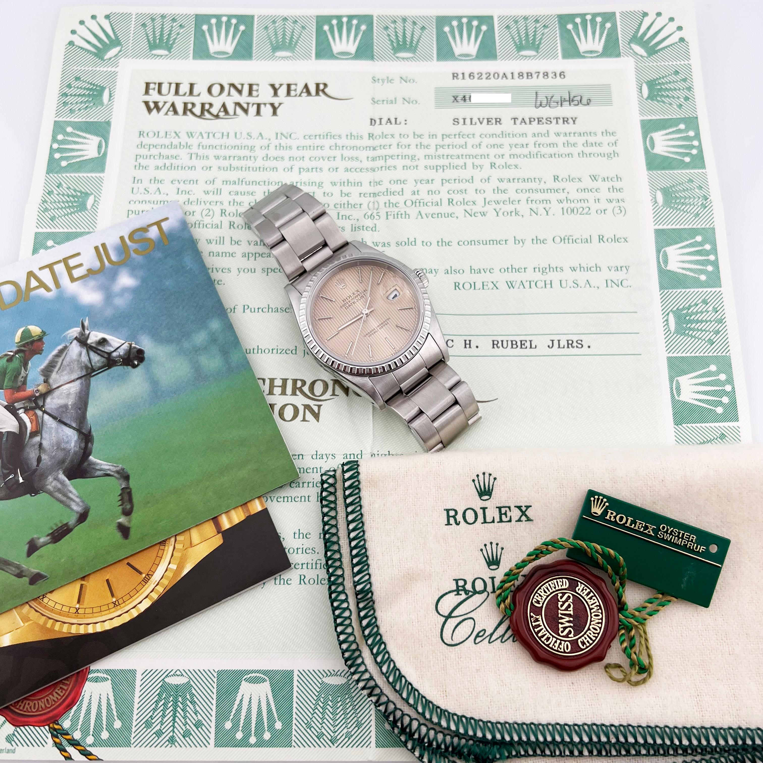 Rolex Datejust 16220 Silver Tapestry Dial Stainless Steel Box Paper 36mm In Excellent Condition In San Diego, CA