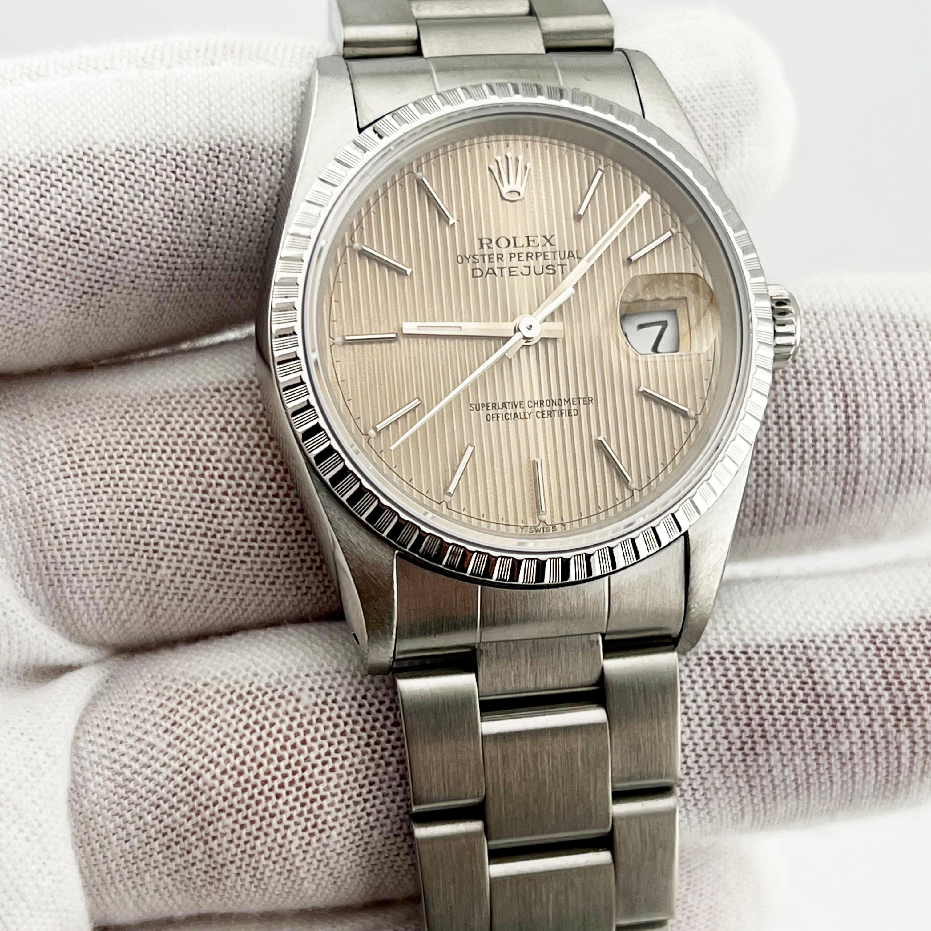 Men's Rolex Datejust 16220 Silver Tapestry Dial Stainless Steel Box Paper 36mm