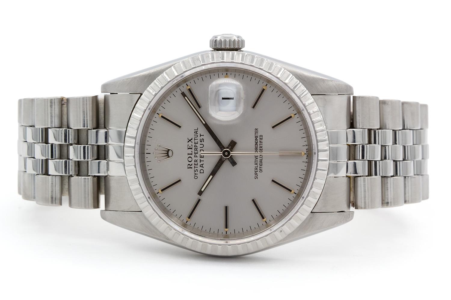 We are pleased to offer this 1995 Rolex Datejust 16220. This is a great Rolex for a man or a woman especially with women wearing larger watches these days. It features a 36mm stainless steel case and jubilee bracelet, silver stick dial and stainless