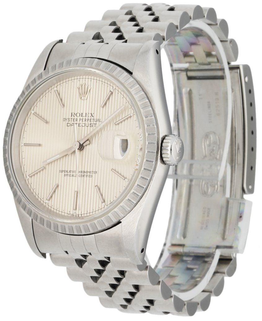 Rolex Oyster Perpetual Datejust 16220 Mens Watch. Stainless steel 36mm case. stainless steel fluted bezel. Silver tapestry dial with steel hands and index hour marker. Quickset date display by the 3 o'clock. Stainless steel Jubilee bracelet with a