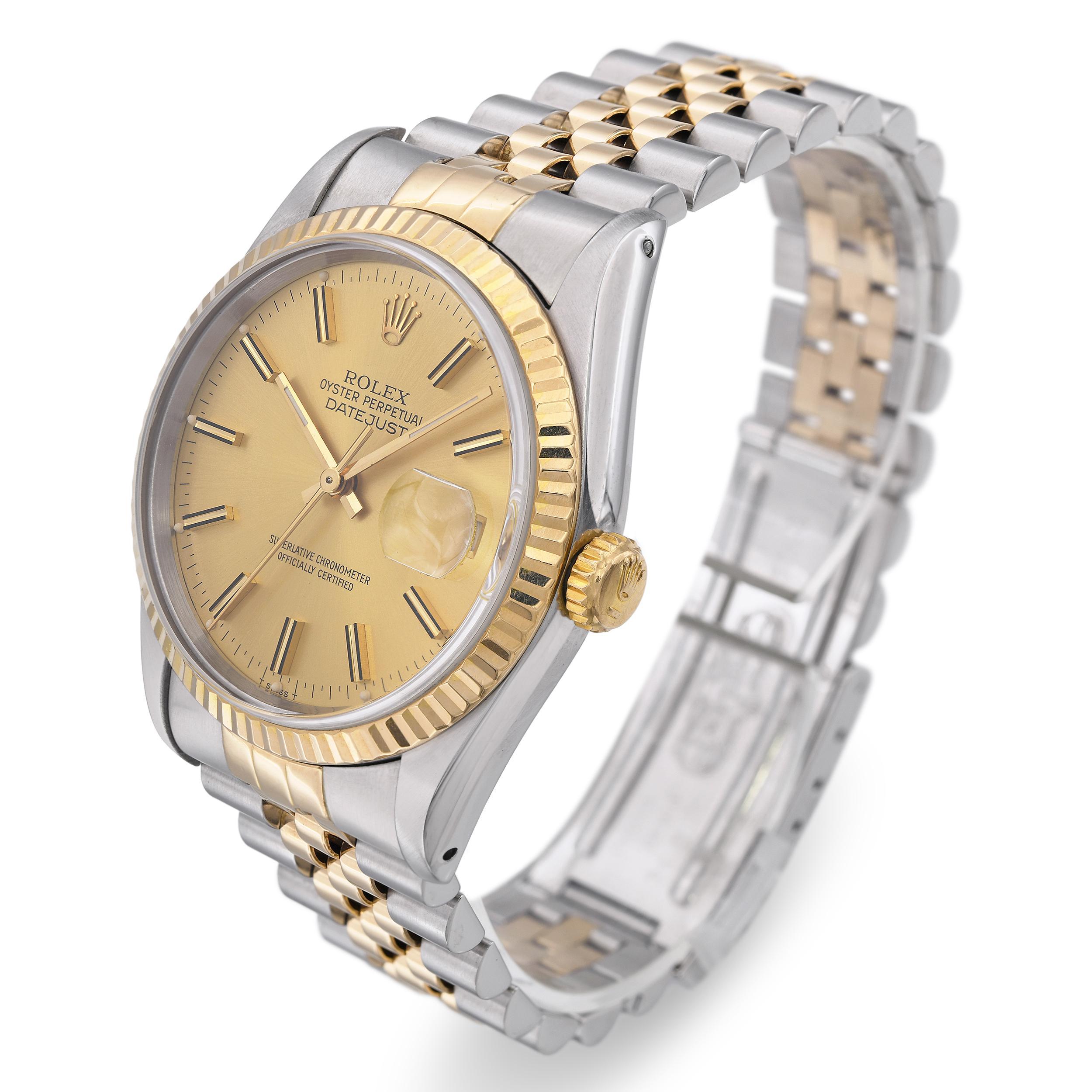 Este Rolex Datejust 16233 presenta un diseño clásico de dos tonos en acero inoxidable y oro amarillo de 18 quilates, que ofrece la mezcla perfecta de lujo y durabilidad. Accionado por un movimiento automático, luce el emblemático bisel estriado de