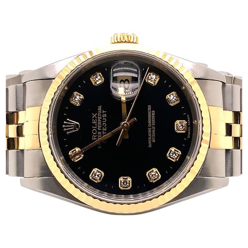 Rolex Montre Datejust 16233 en or 18 carats et acier, cadran orné de diamants noirs