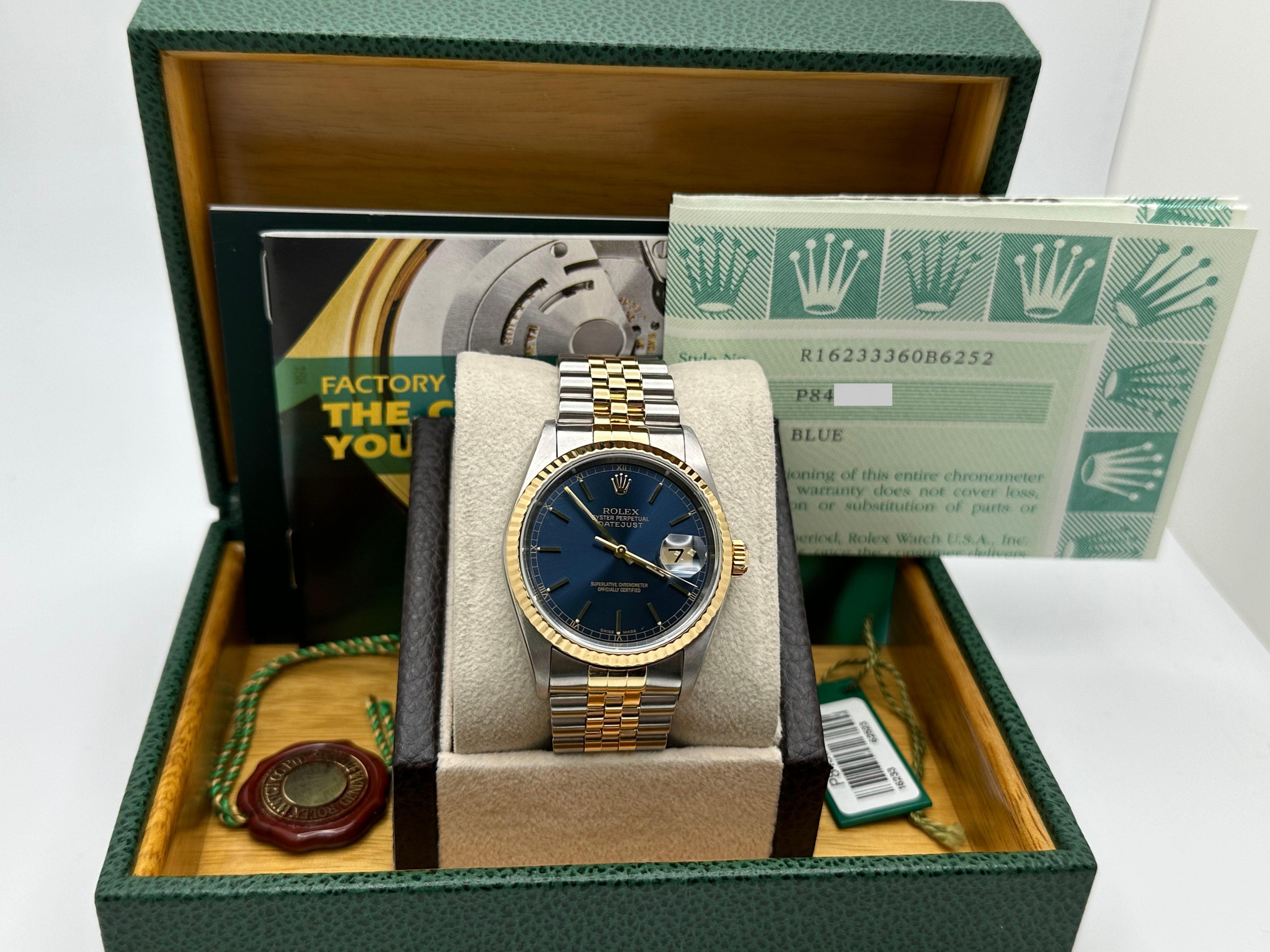 Rolex Datejust 16233 36mm Blue Dial 18K Yellow Gold Steel Box Paper 2002 For Sale 6