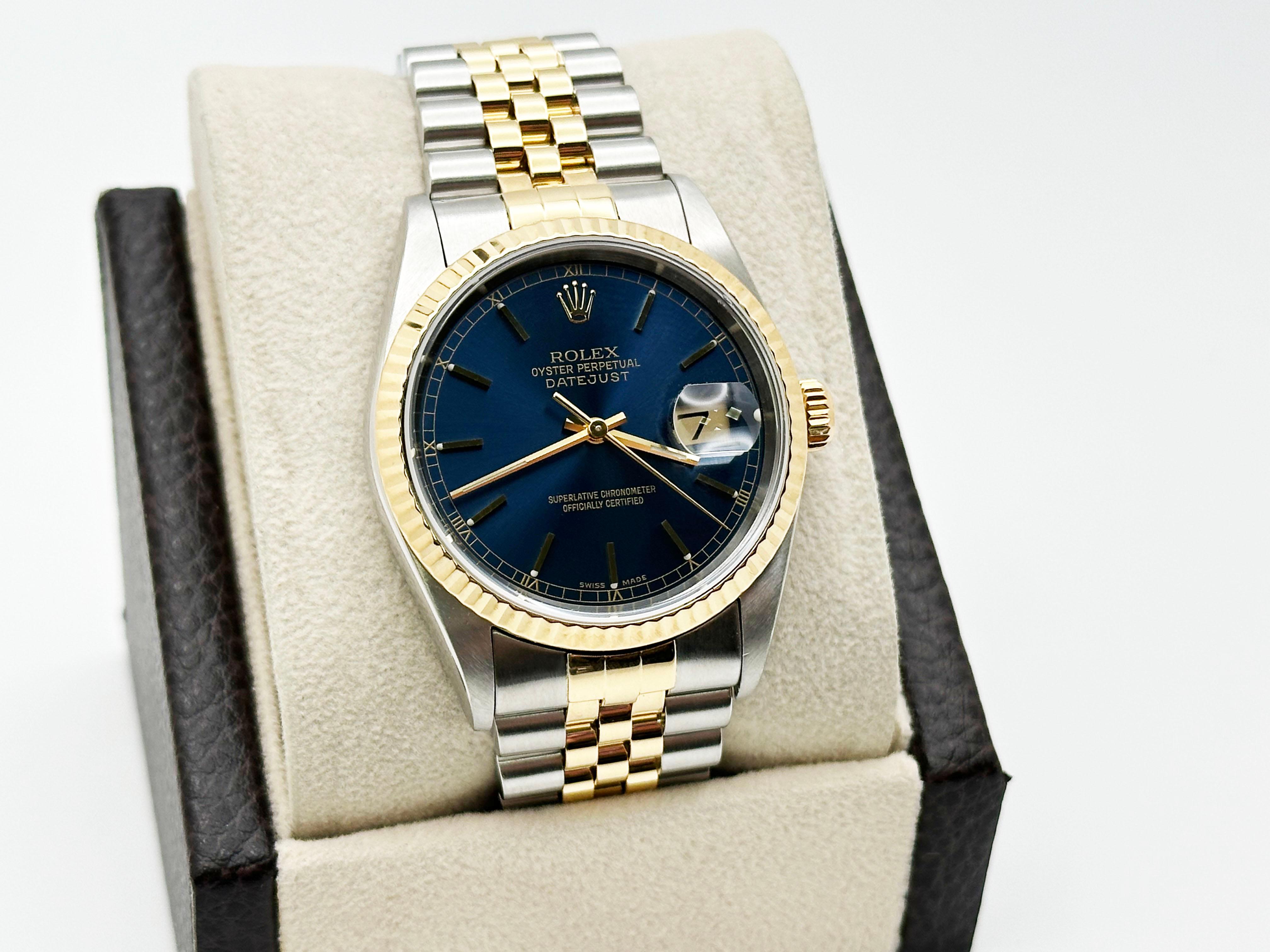Style Number: 16233



Serial: P845***



Year: 2002

 

Model: Rolex Datejust

 

Case Material: Stainless Steel 

 

Band: 18K Yellow Gold & Stainless Steel Jubilee Band

  

Bezel: 18K Yellow Gold 

  

Dial: Blue Dial 

 

Face: Sapphire Crystal