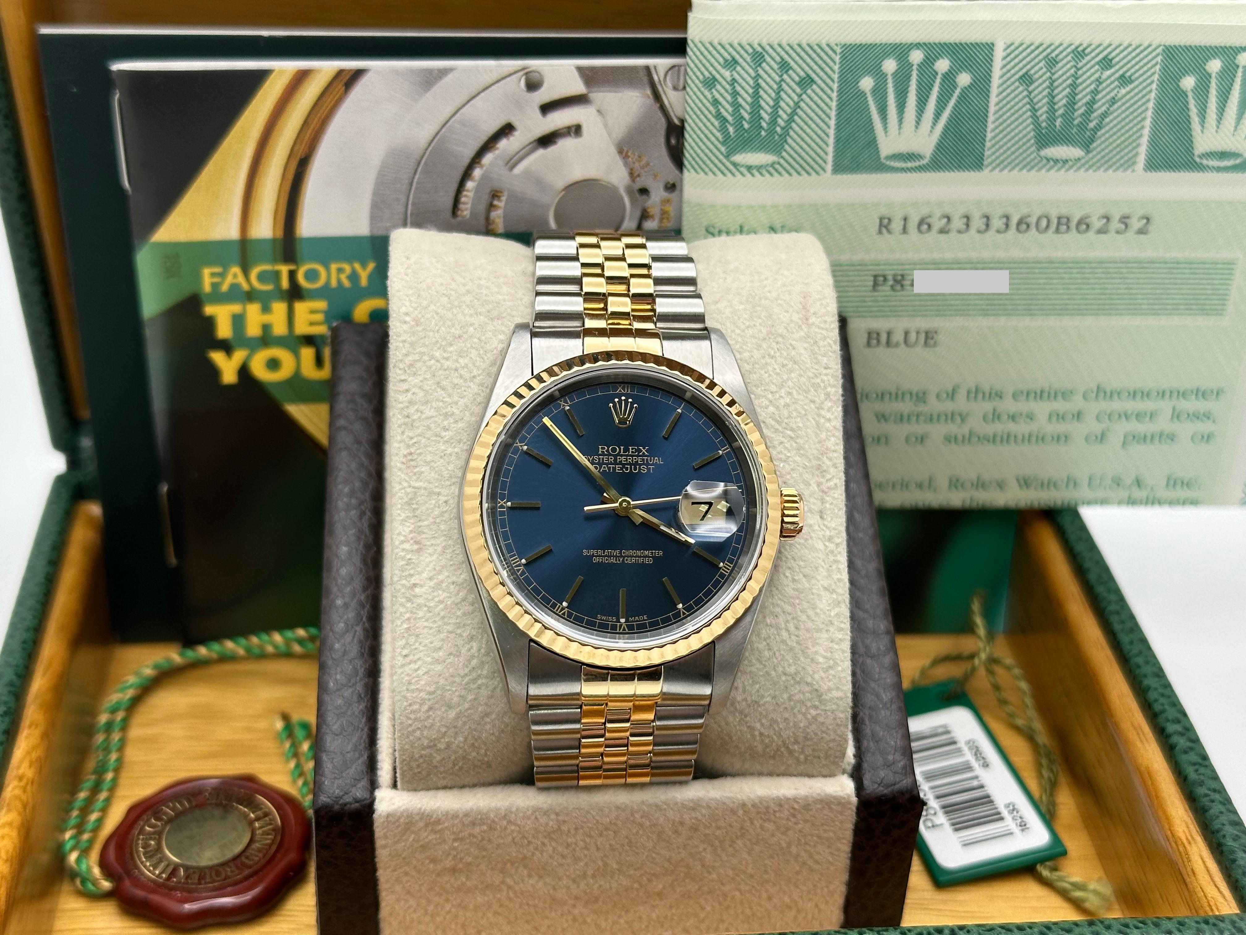 Rolex Datejust 16233 36mm Blue Dial 18K Yellow Gold Steel Box Paper 2002 For Sale 5