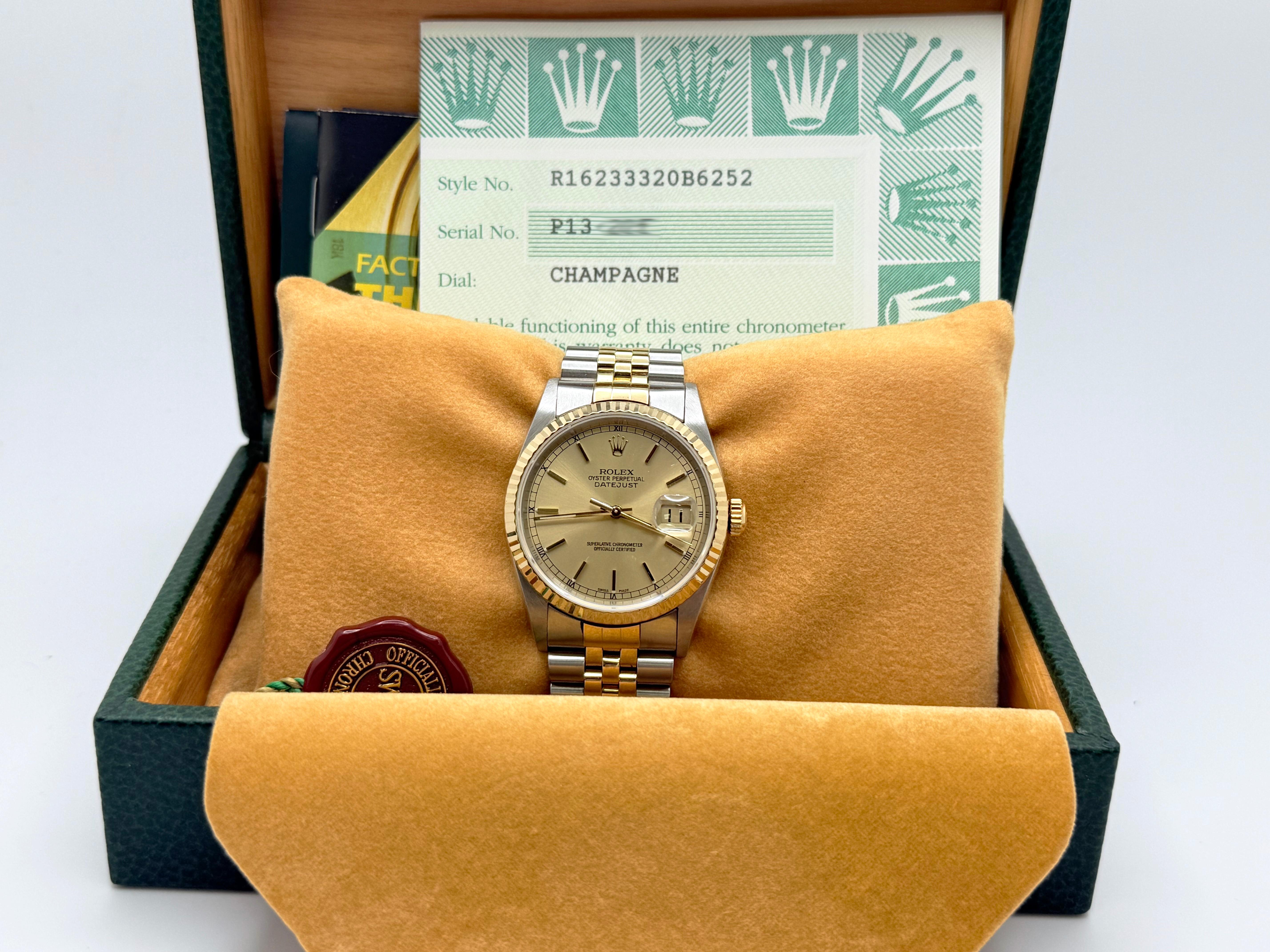 Rolex Datejust 16233 36mm Champagner Zifferblatt 18K Gelbgold Edelstahl 2000 im Zustand „Hervorragend“ in San Diego, CA