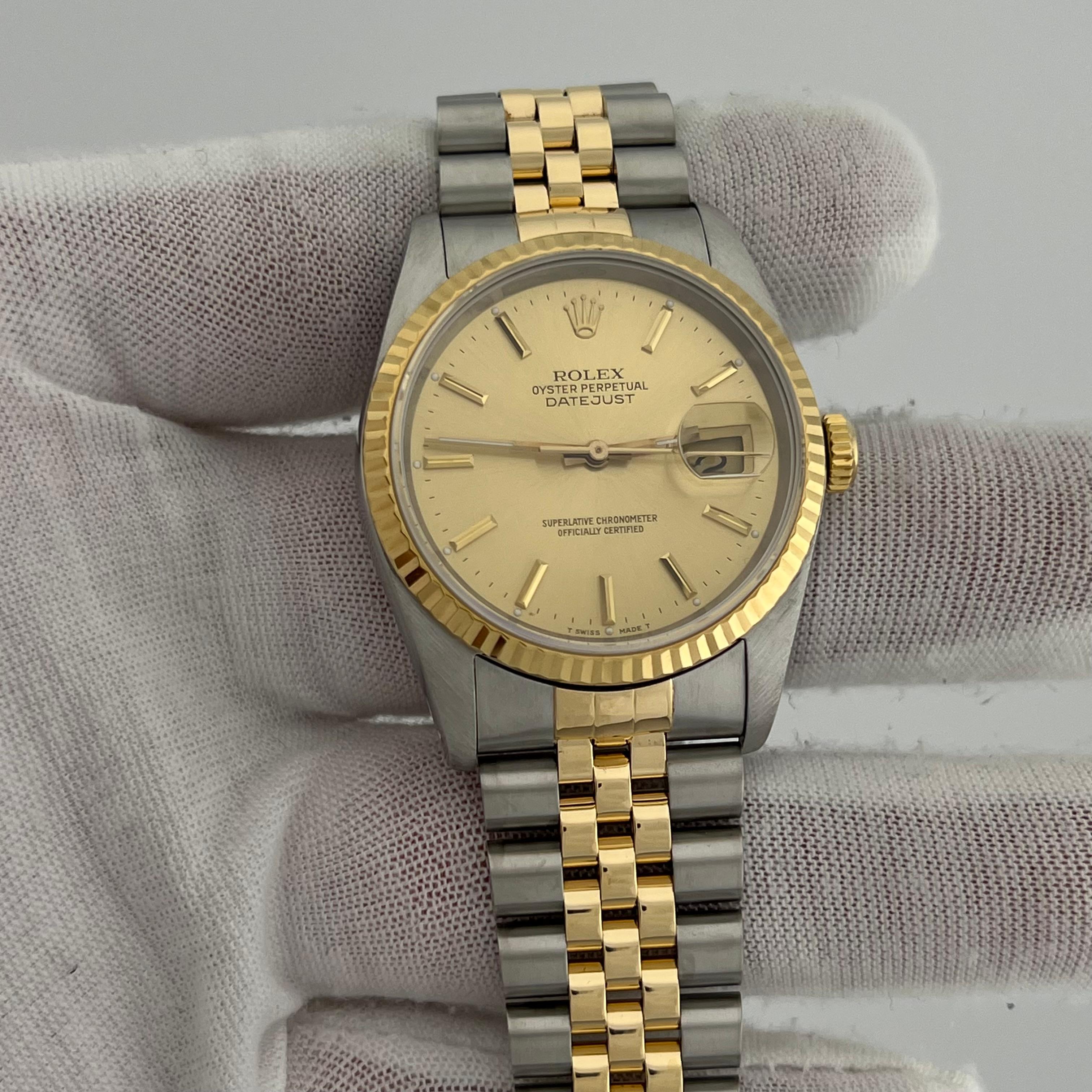 Rolex Datejust 16233 36mm Esfera Champán Oro Amarillo 18K Acero Inoxidable Jubilee en venta 7