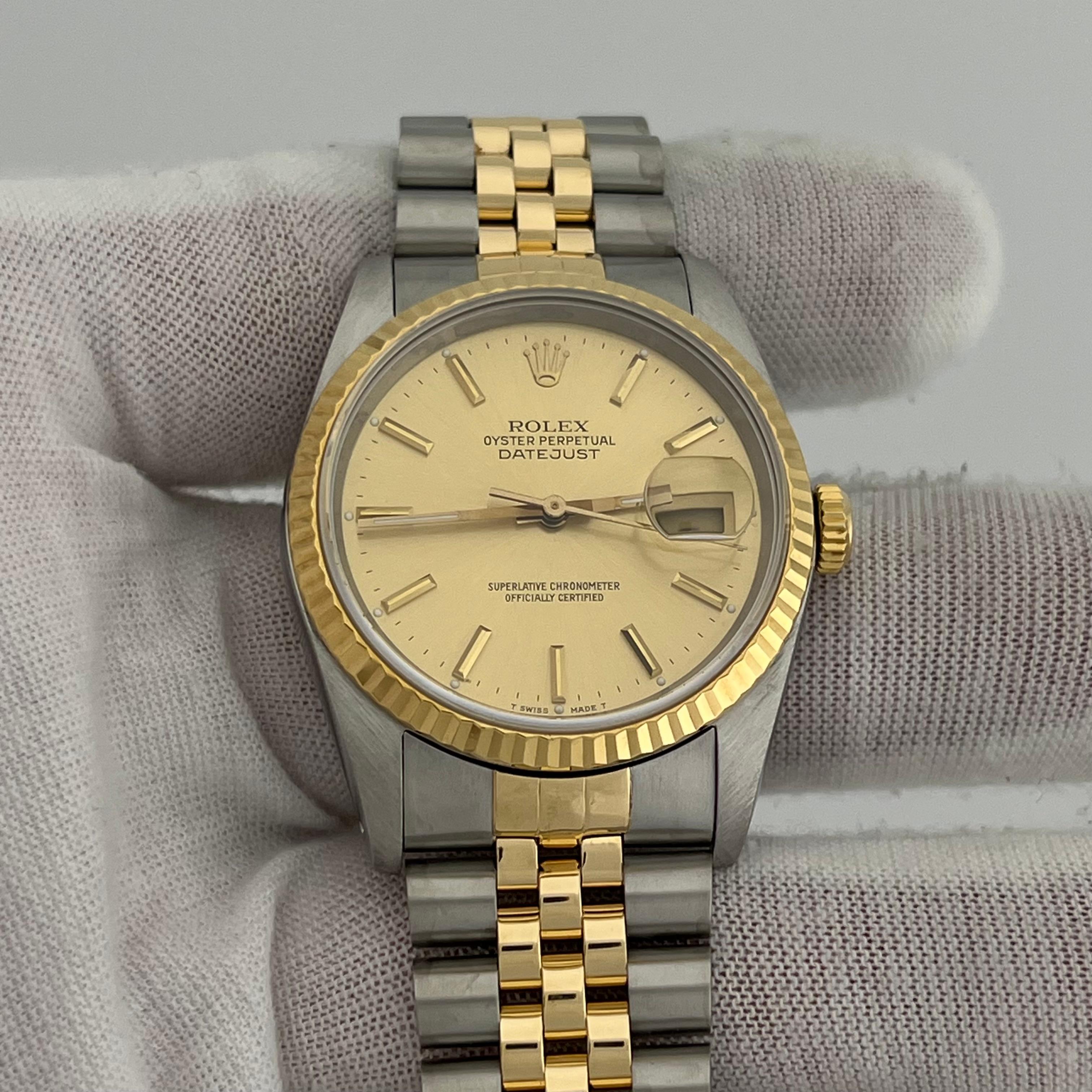 Rolex Datejust 16233 36mm Esfera Champán Oro Amarillo 18K Acero Inoxidable Jubilee en venta 4