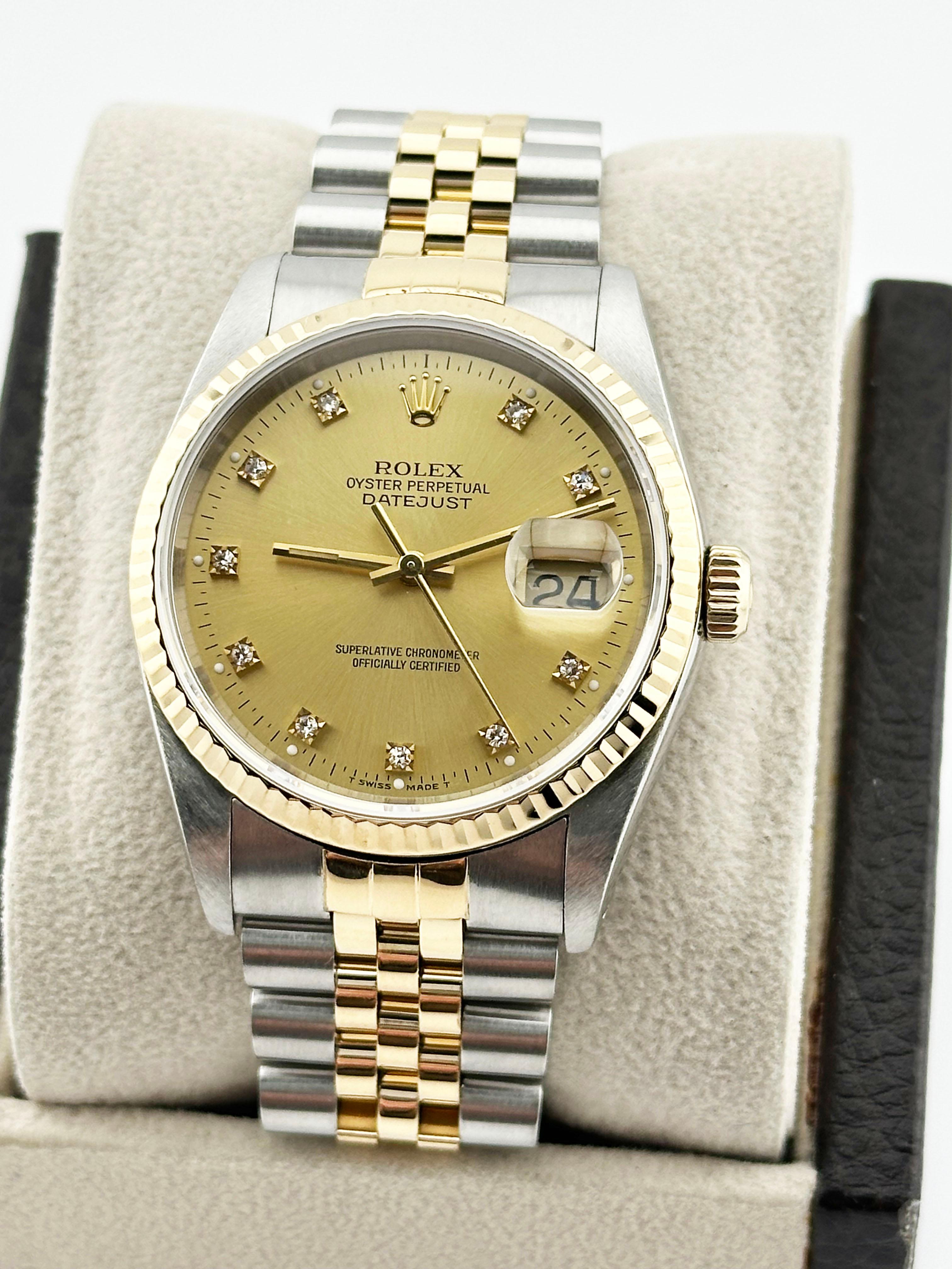 Rolex Datejust 16233 36mm Champagne Diamond Dial 18K Yellow Gold Stainless Steel In Excellent Condition In San Diego, CA