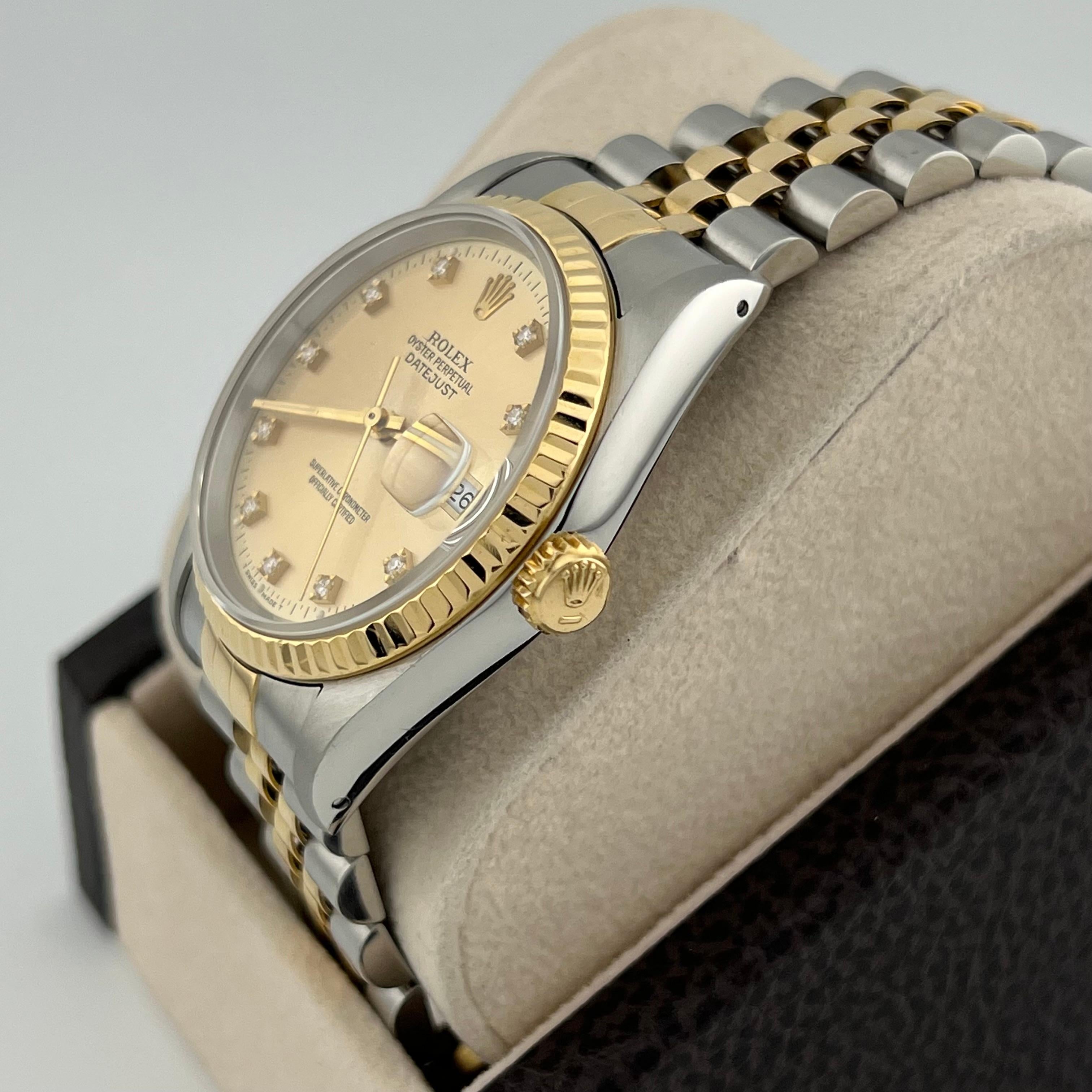 Rolex Datejust 16233 36mm Champagne Quadrante Diamante Oro Giallo 18k Acciaio Inox in vendita 1