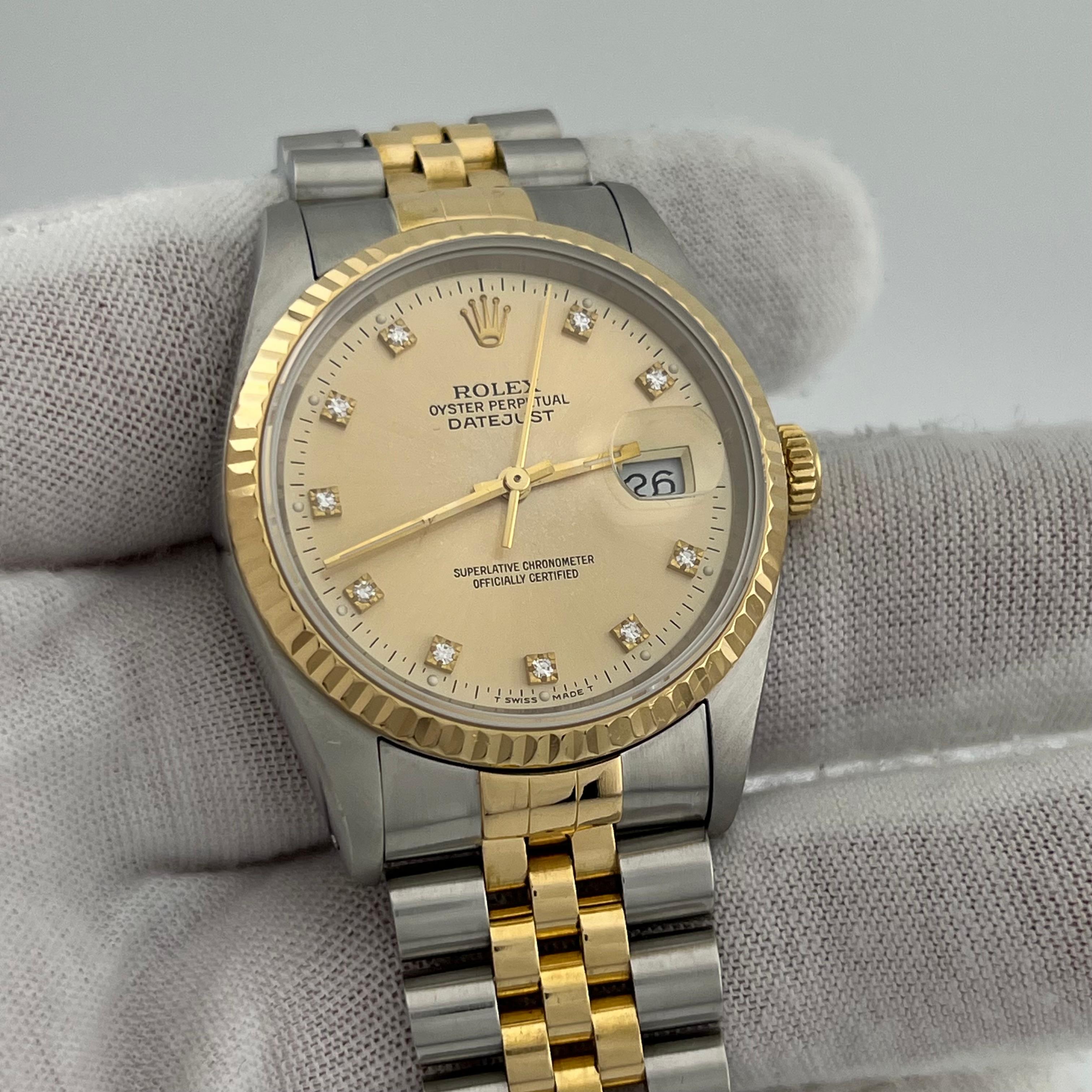 Rolex Datejust 16233 36mm Champagne Quadrante Diamante Oro Giallo 18k Acciaio Inox in vendita 3