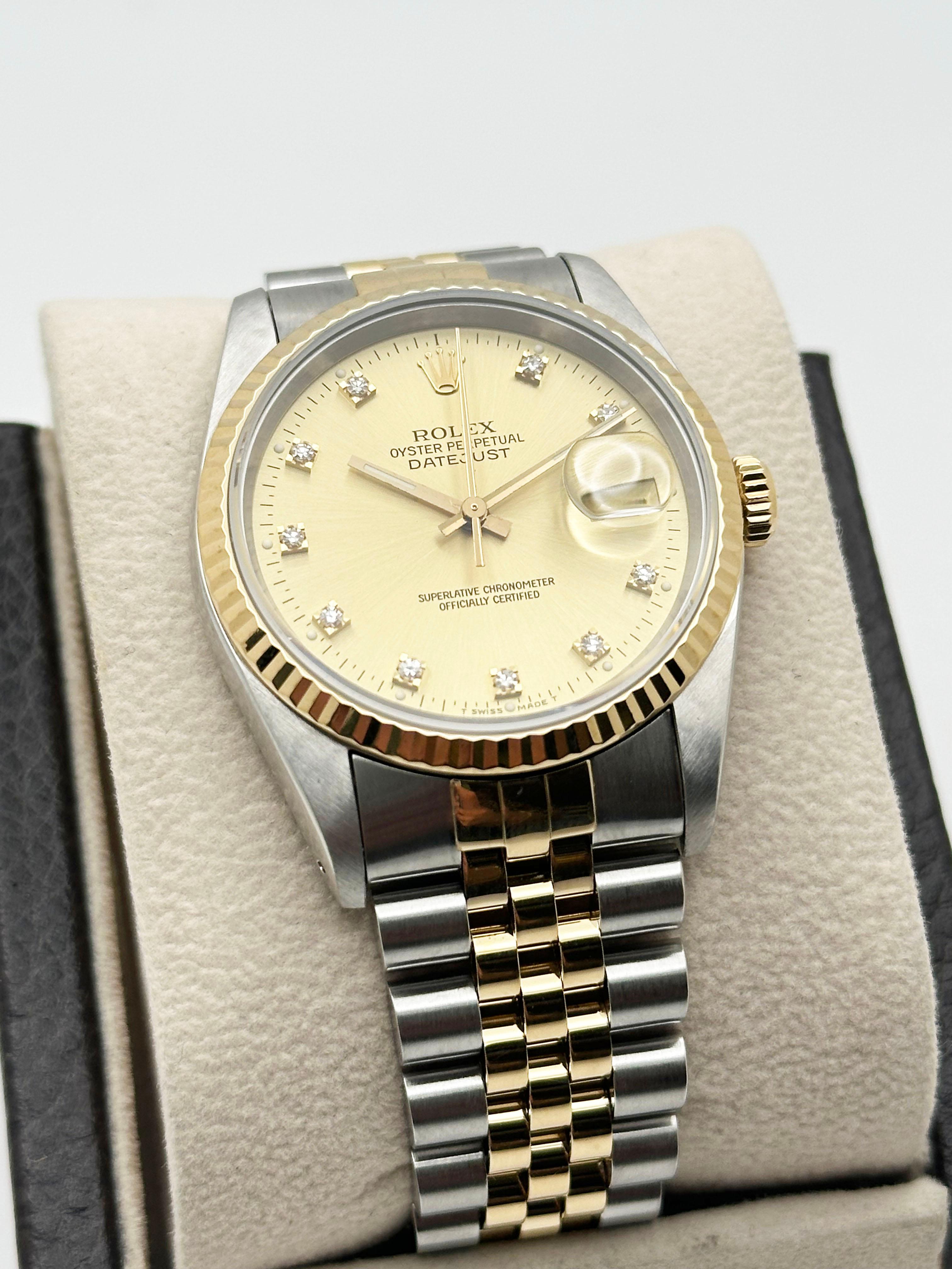 Rolex Datejust 16233 36mm Champán Fábrica Esfera Diamante Acero Oro Amarillo 18K en venta 1