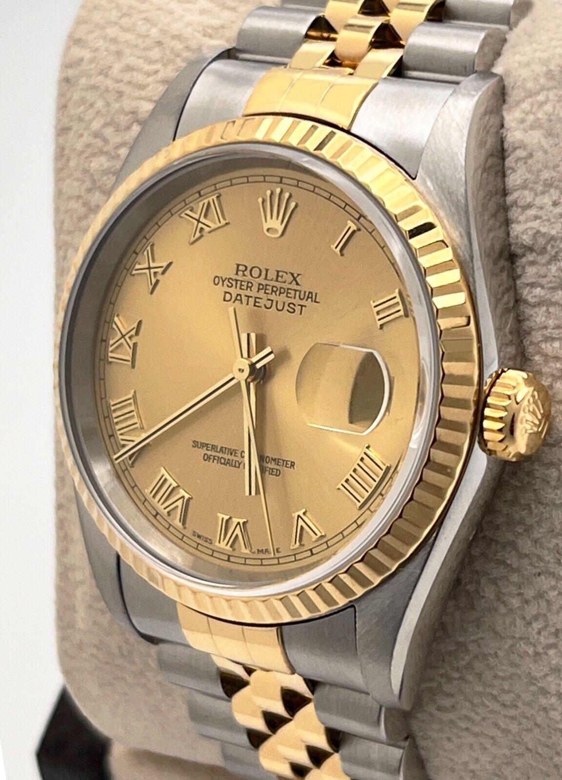 Rolex Datejust 16233 36mm Champagne Roman Dial 18K Gold Stainless Box Paper 2004 In Excellent Condition In San Diego, CA