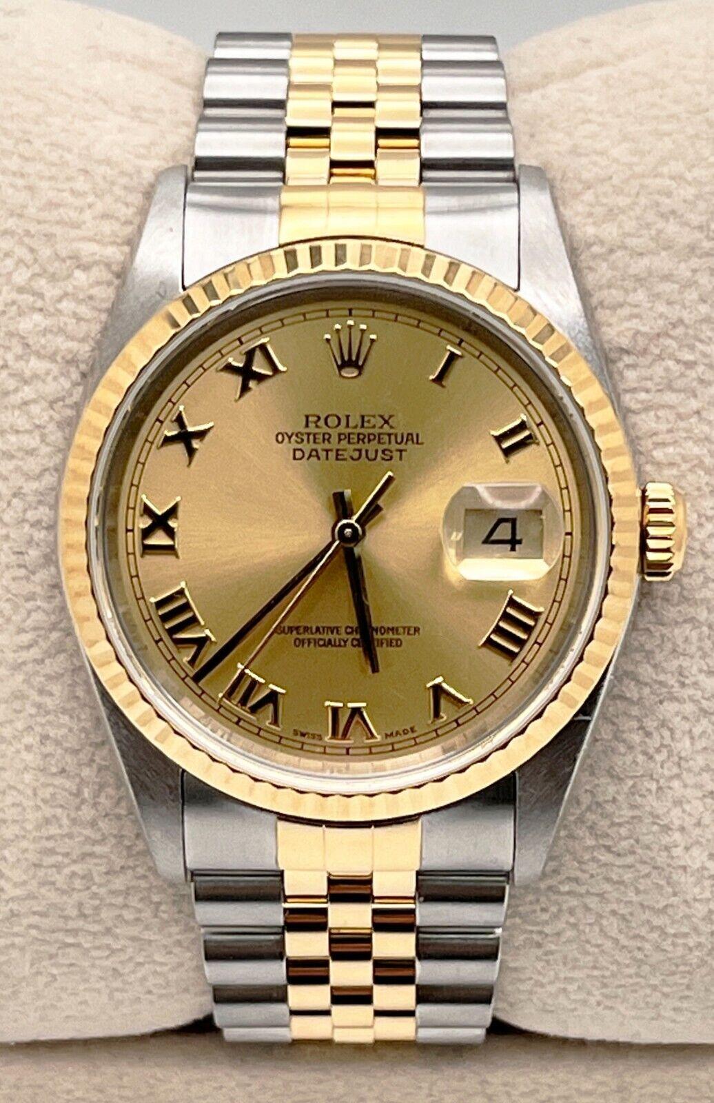 Men's Rolex Datejust 16233 36mm Champagne Roman Dial 18K Gold Stainless Box Paper 2004