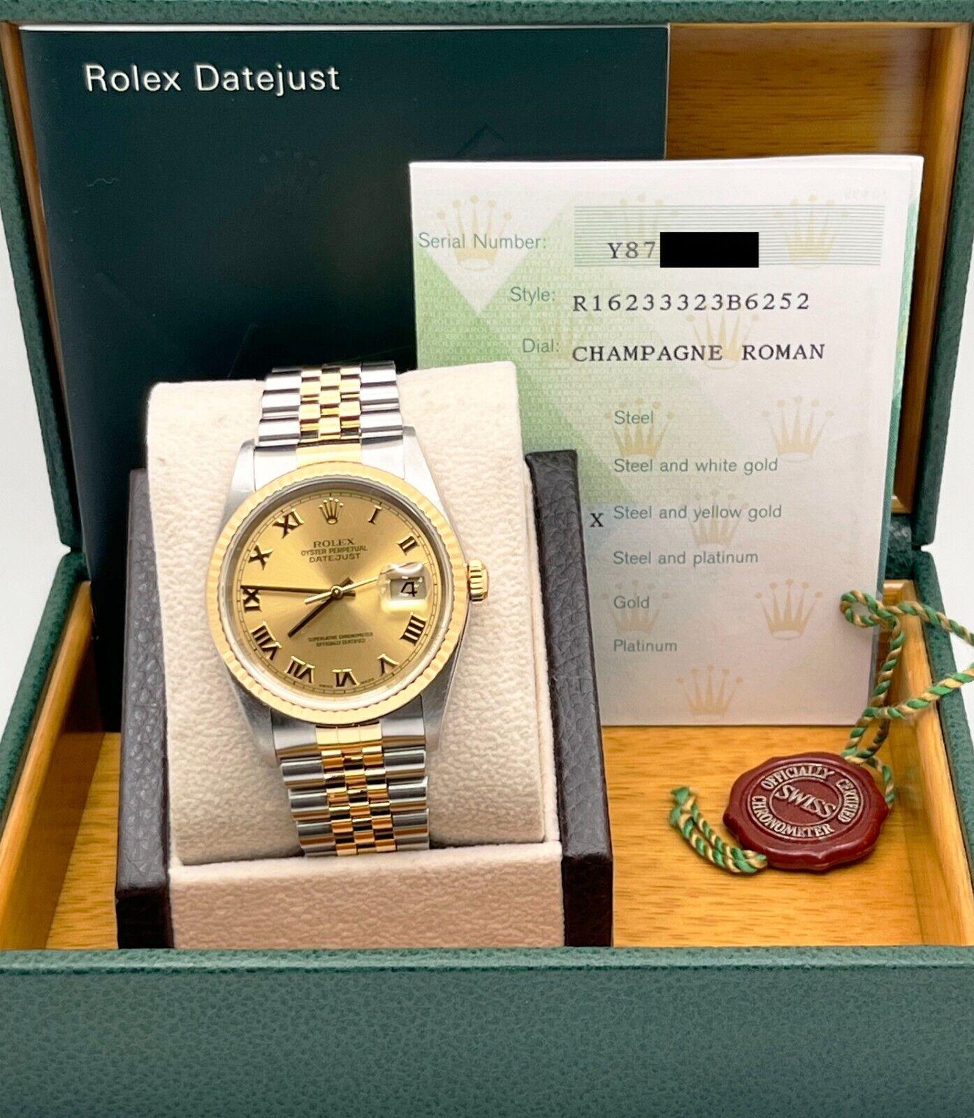 Rolex Datejust 16233 36mm Champagne Roman Dial 18K Gold Stainless Box Paper 2004 5