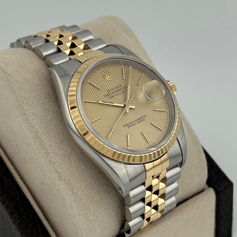 Rolex Datejust 16233 36mm Quadrante Arazzo Champagne Oro Giallo 18k Steele Giubileo in vendita 7