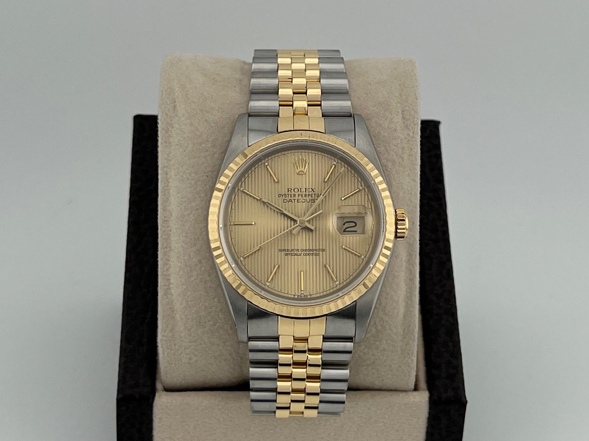 Rolex Datejust 16233 36mm Quadrante Arazzo Champagne Oro Giallo 18k Steele Giubileo in vendita 8