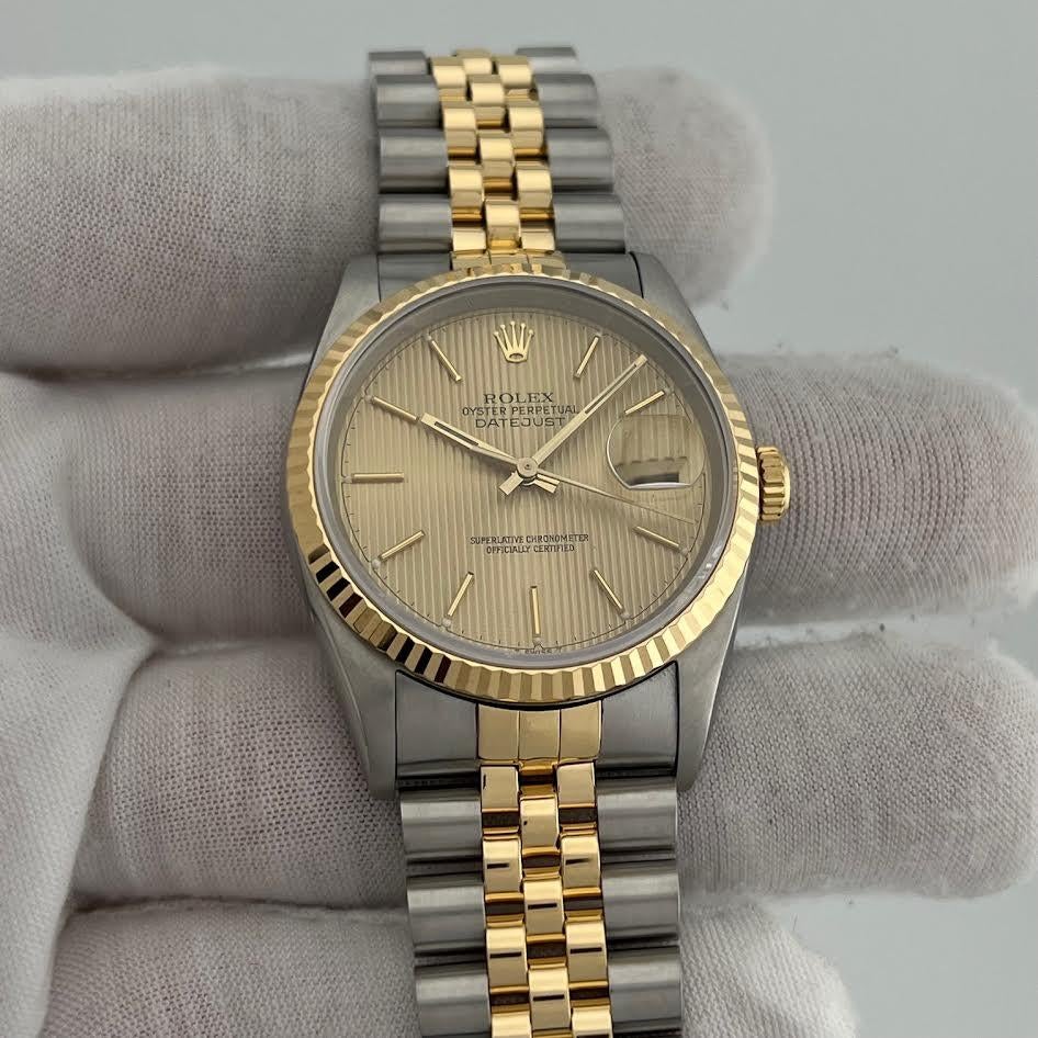 Rolex Datejust 16233 36mm Quadrante Arazzo Champagne Oro Giallo 18k Steele Giubileo In condizioni buone in vendita a San Diego, CA