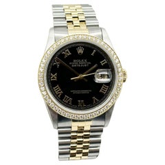 Rolex Datejust 16233 36mm Diamond Bezel Black Roman Dial 18K Yellow Gold Steel