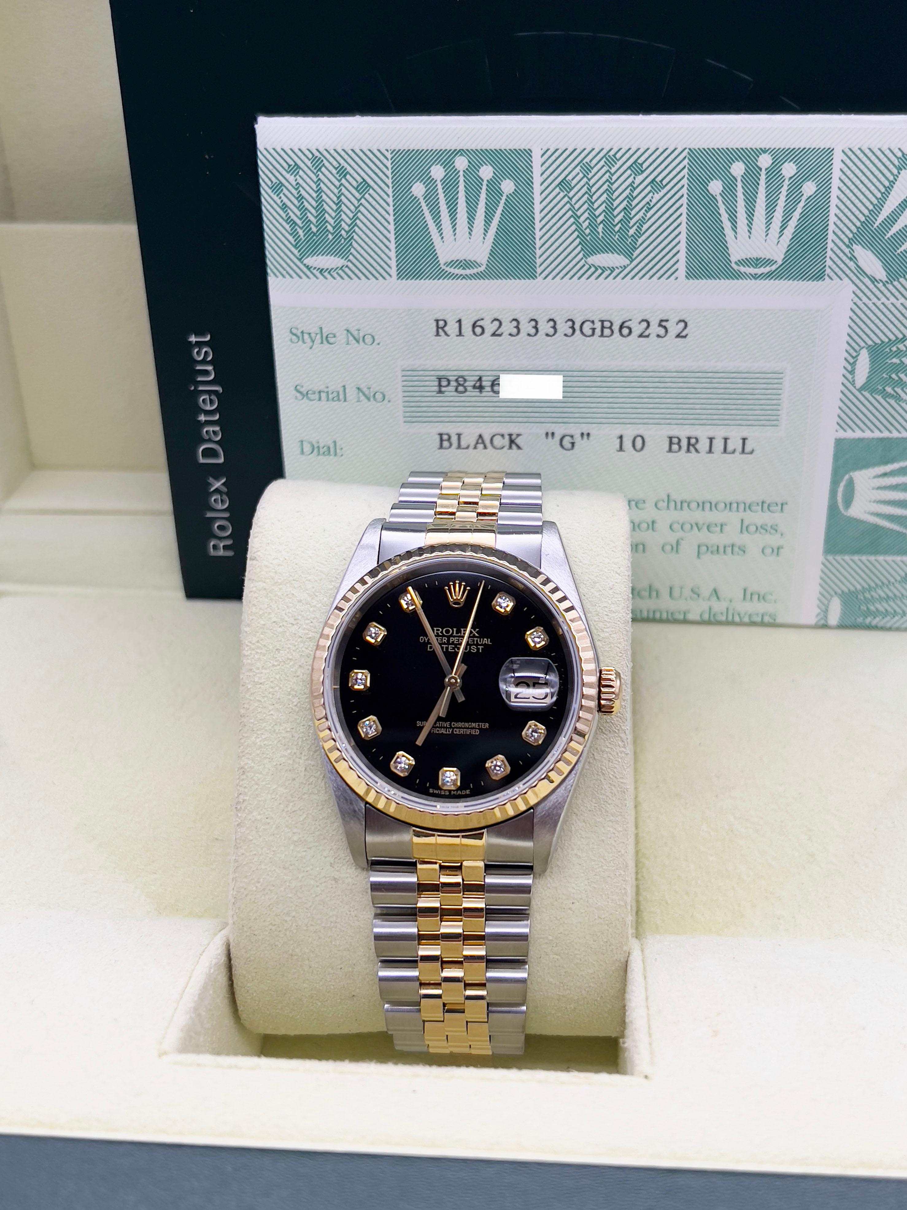 Stil Nummer: 16233
Seriennummer: P846***
Jahr: 2000
Modell: Rolex Datejust
MATERIAL des Gehäuses: Rostfreier Stahl
Band: 18K Gelbgold & Edelstahl
Lünette: 18K Gelbgold
Zifferblatt: Factory Black Diamond Zifferblatt
Gesicht: Saphirglas
Gehäusegröße:
