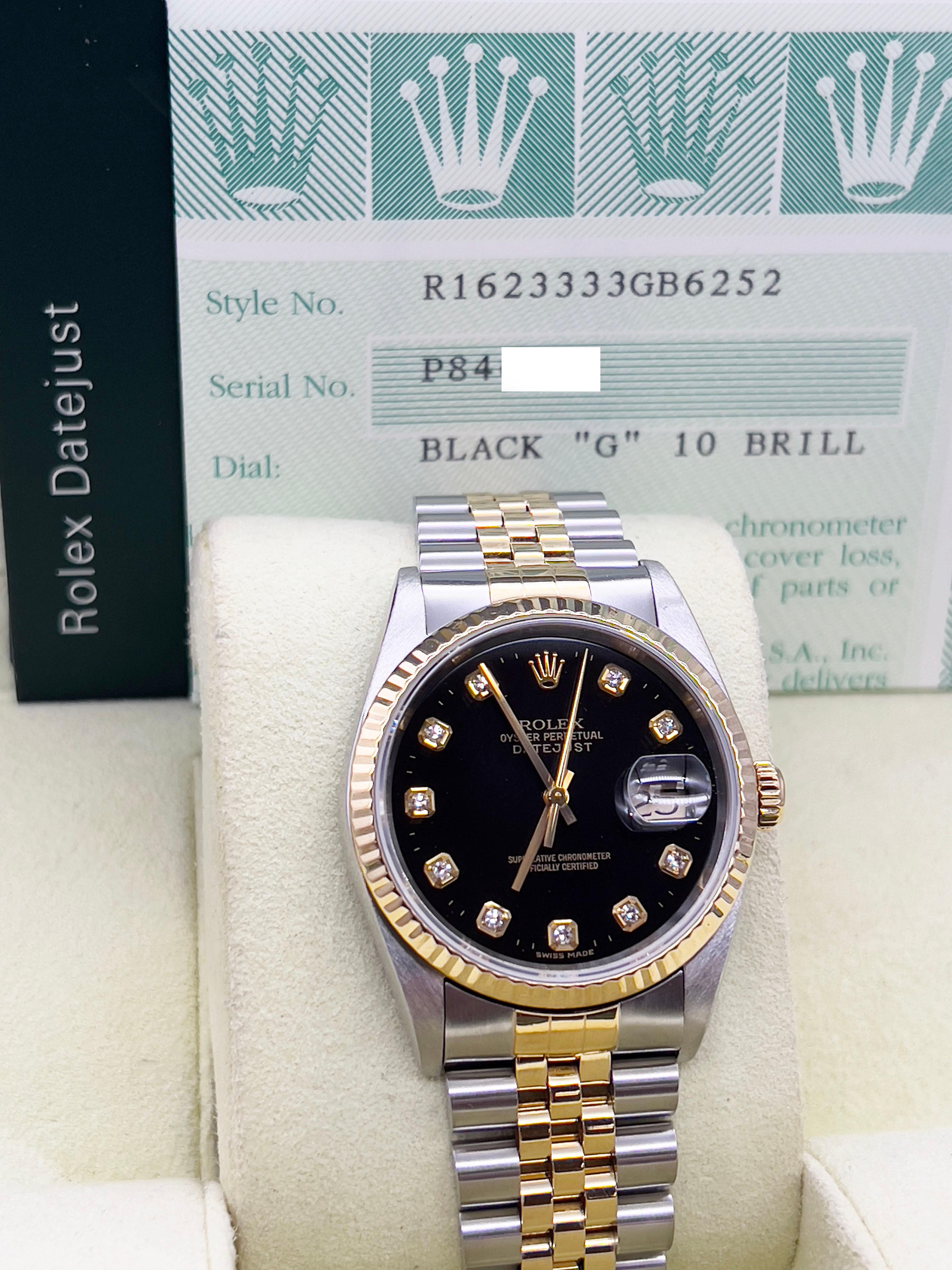 Rolex Datejust 16233 36mm Fabrik Schwarzes Diamant-Zifferblatt 18K Gold & Stahl Box Papiere im Zustand „Hervorragend“ in San Diego, CA