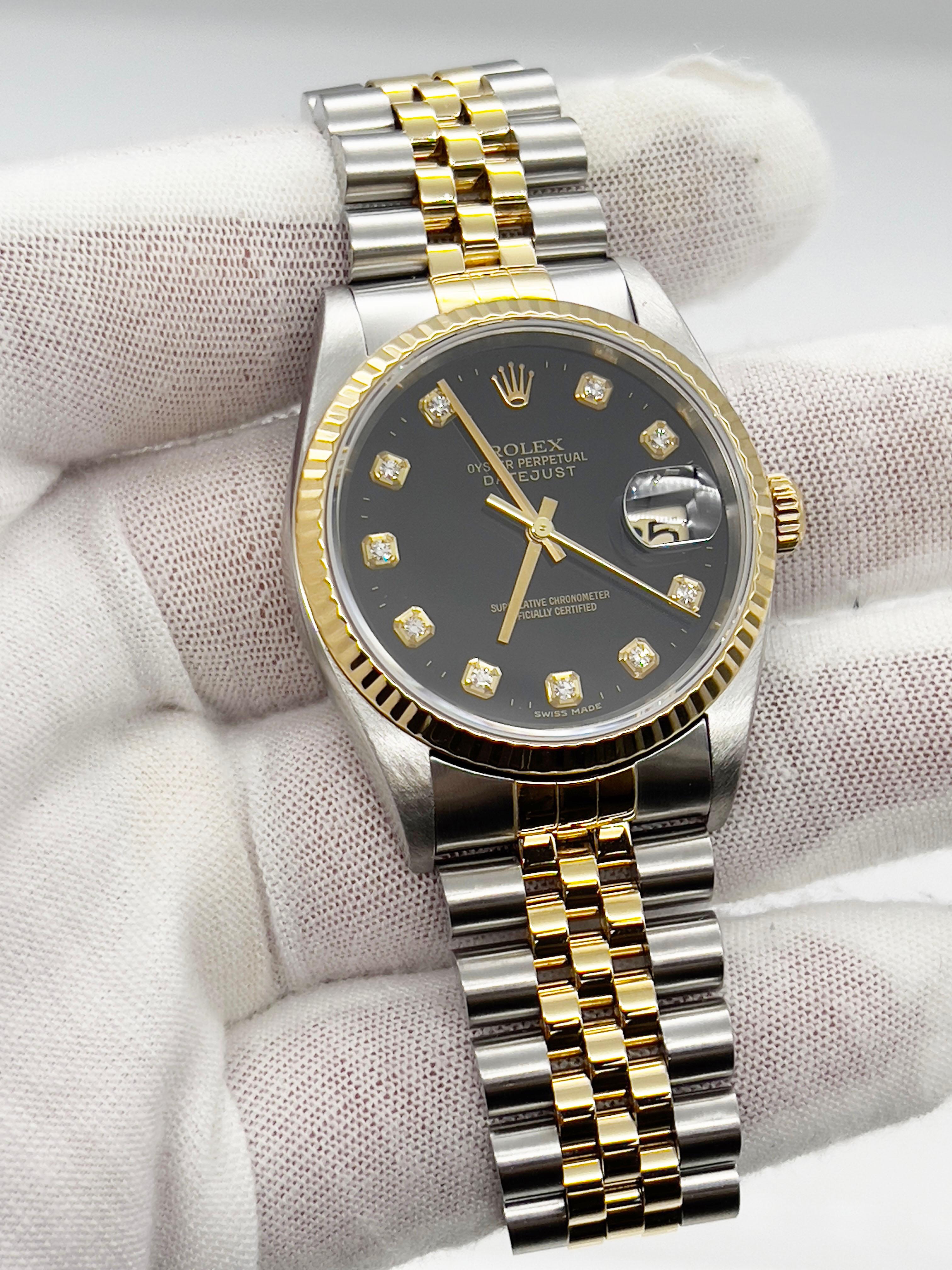 Rolex Datejust 16233 36mm Fabrik Schwarzes Diamant-Zifferblatt 18K Gold & Stahl Box Papiere Herren