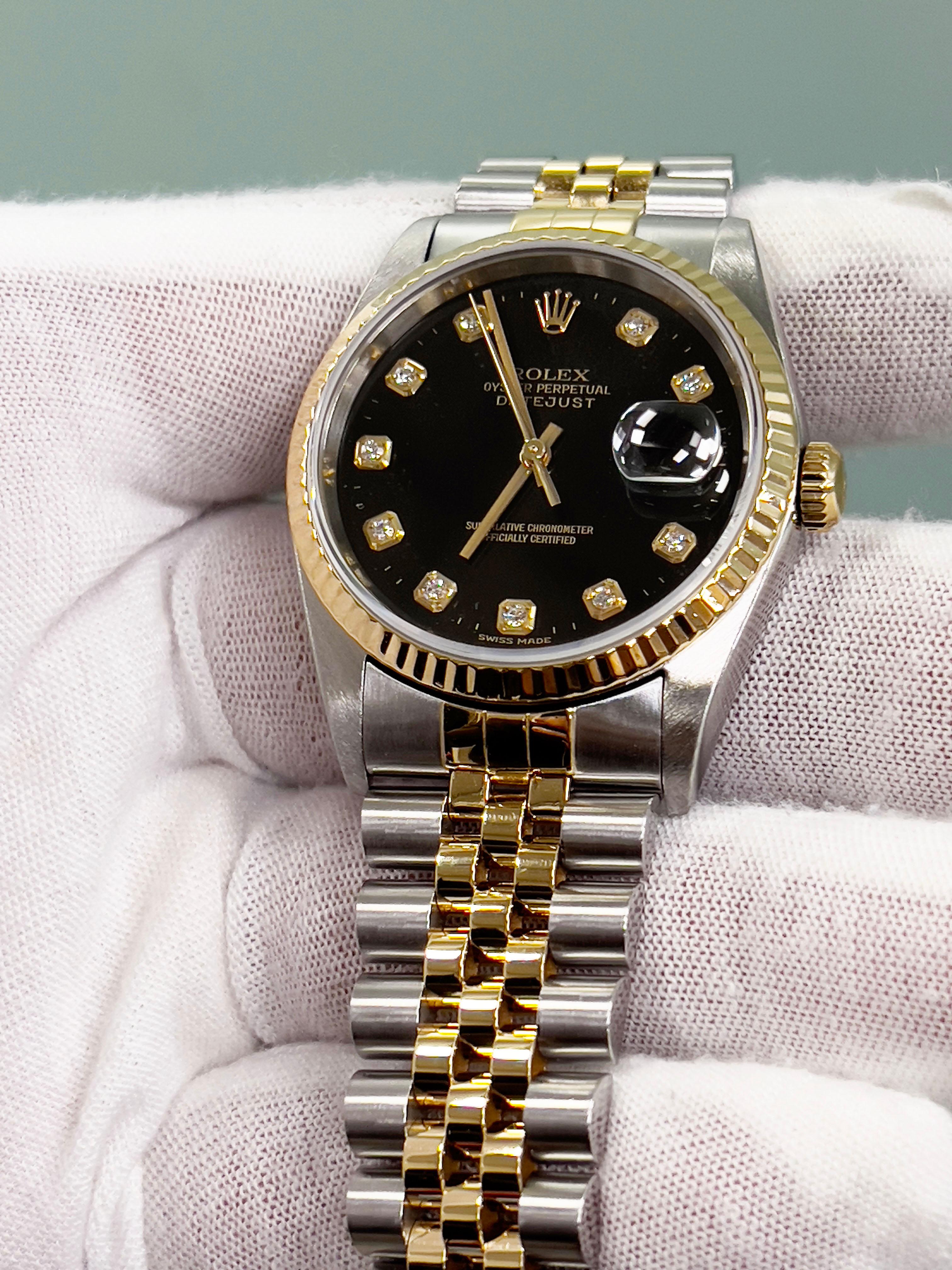 Rolex Datejust 16233 36mm Fabrik Schwarzes Diamant-Zifferblatt 18K Gold & Stahl Box Papiere 1