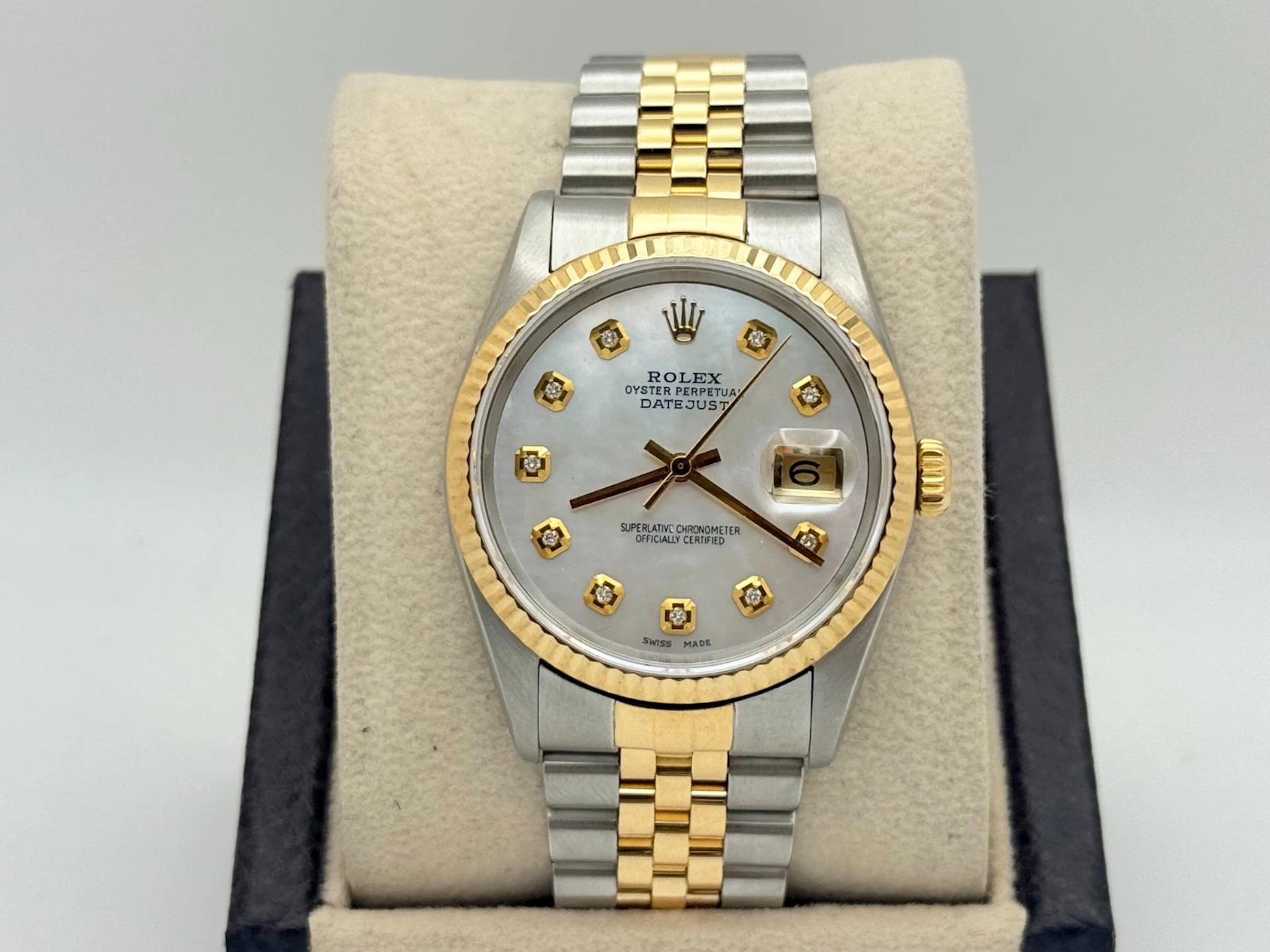 
Style Number: 16233



Serial: K300***



Year: 2001

 

Model: Rolex Datejust

 

Case Material: Stainless Steel

 

Band: 18k Yellow Gold & Stainless Steel

  

Bezel: 18k Yellow Gold Fluted Bezel

  

Dial: Custom Mother Of Pearl Diamond Dial


