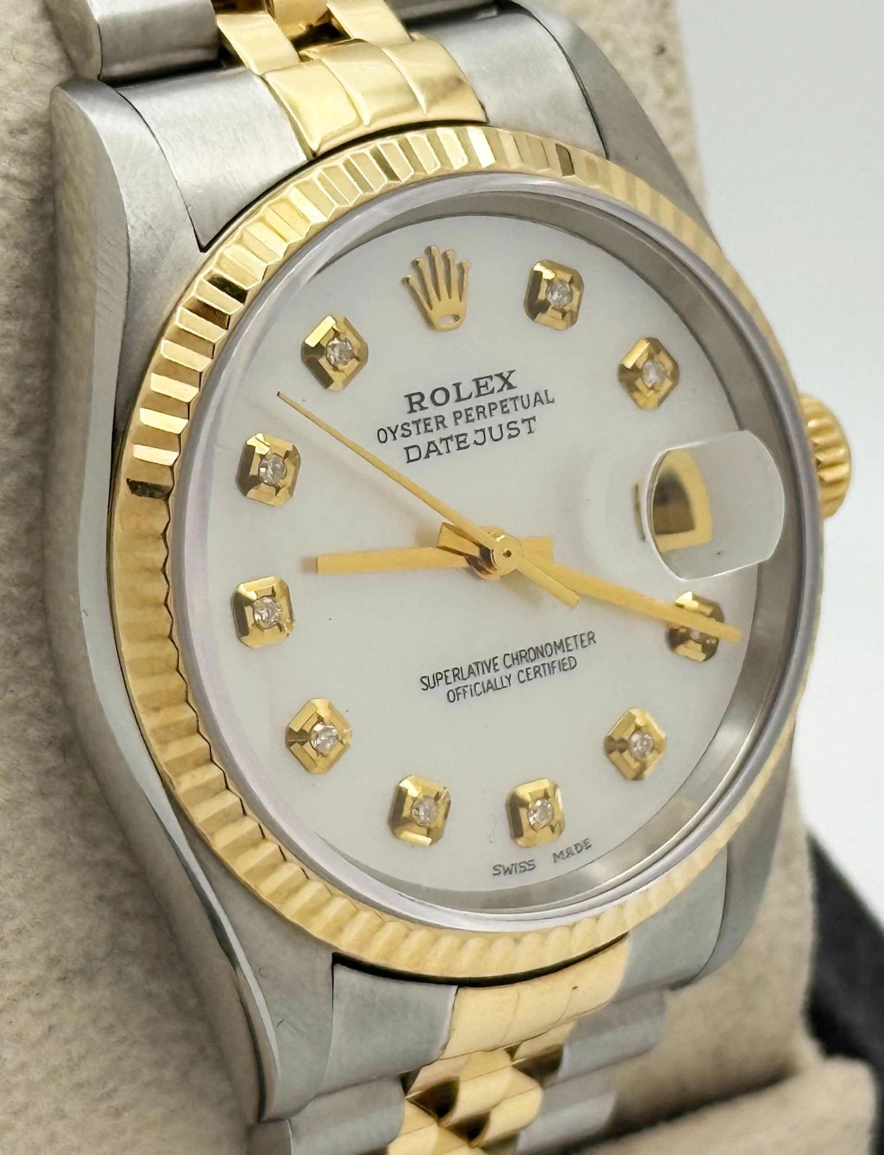 Round Cut Rolex Datejust 16233 36mm Mother Of Pearl Diamond Dial 18K Gold Stainless Steel For Sale