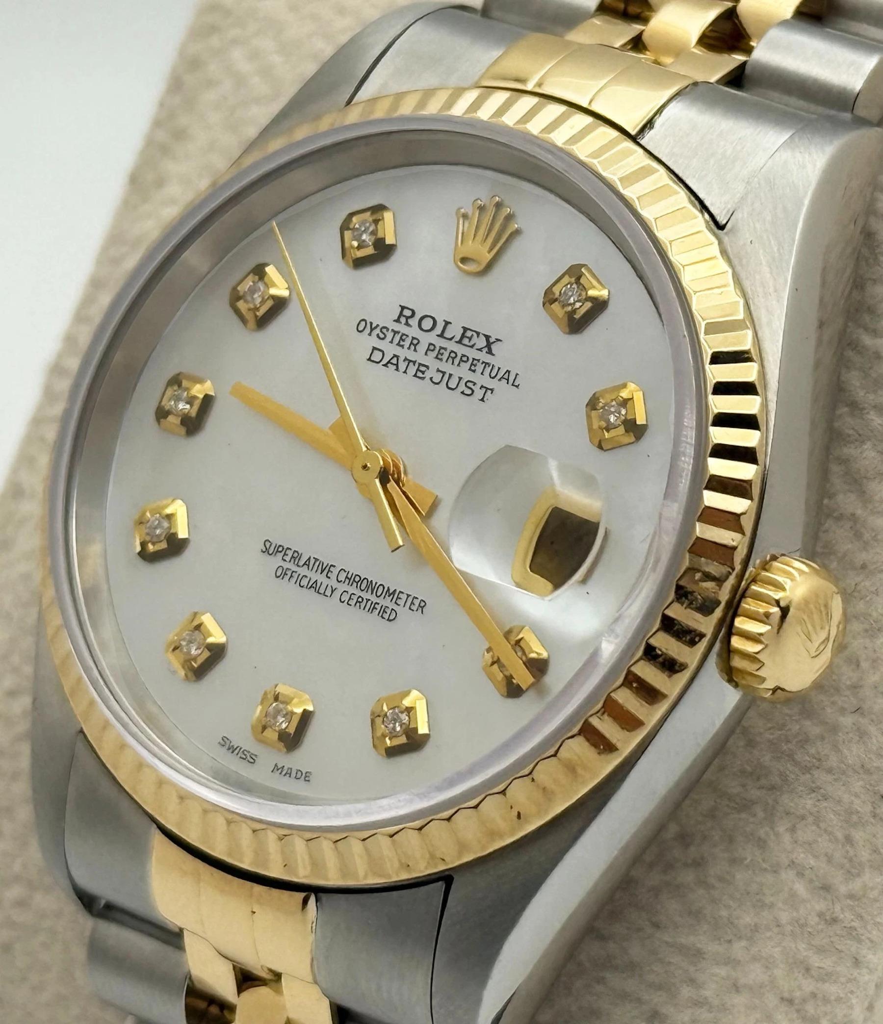 Women's Rolex Datejust 16233 36mm Mother Of Pearl Diamond Dial 18K Gold Stainless Steel For Sale