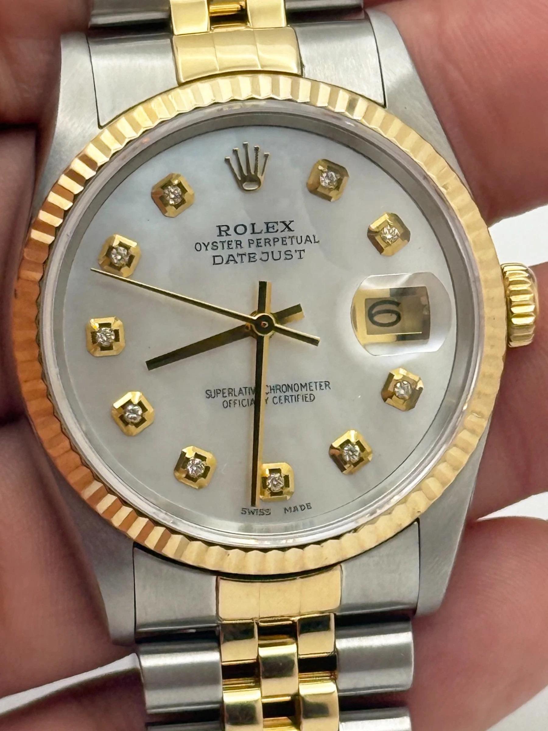 Rolex Datejust 16233 36mm Mother Of Pearl Diamond Dial 18K Gold Stainless Steel For Sale 4