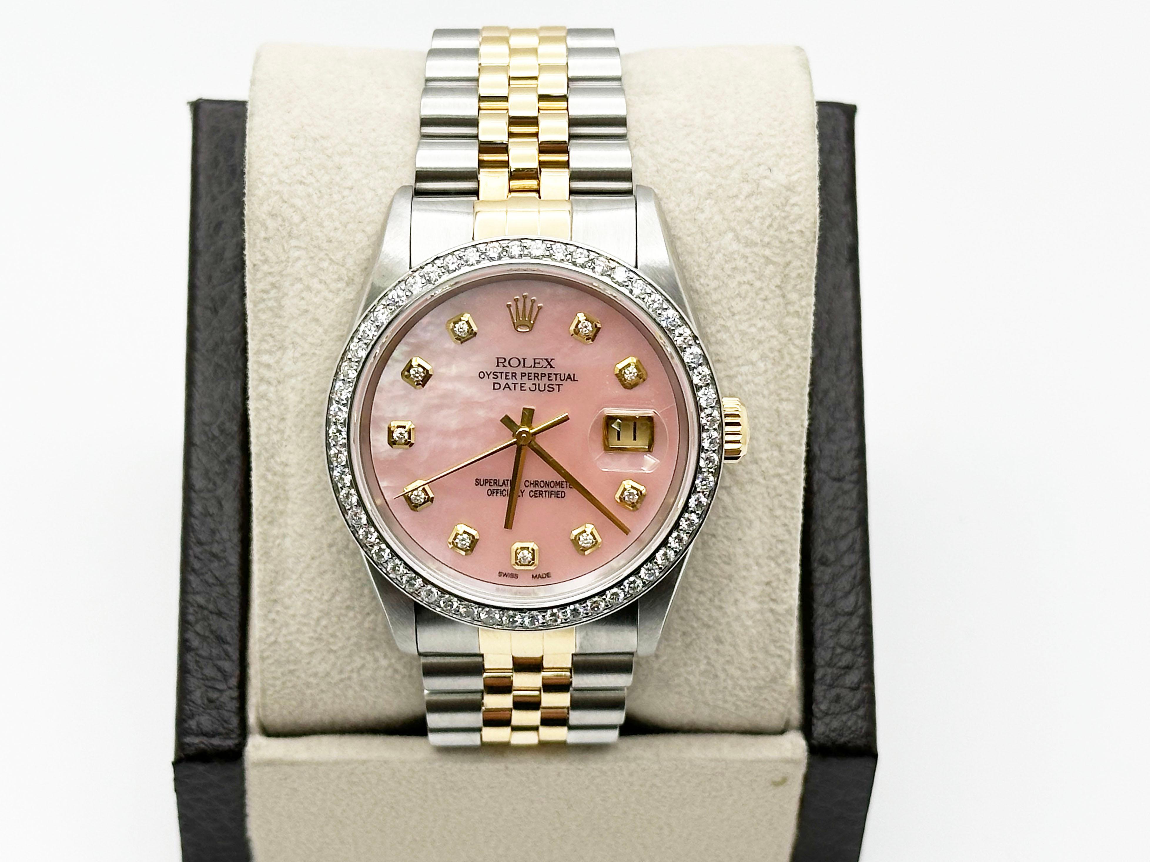 Rolex Datejust 16233 36mm Pink MOP Diamond Quadrante Oro Giallo 18K Steele Jubilee In condizioni ottime in vendita a San Diego, CA
