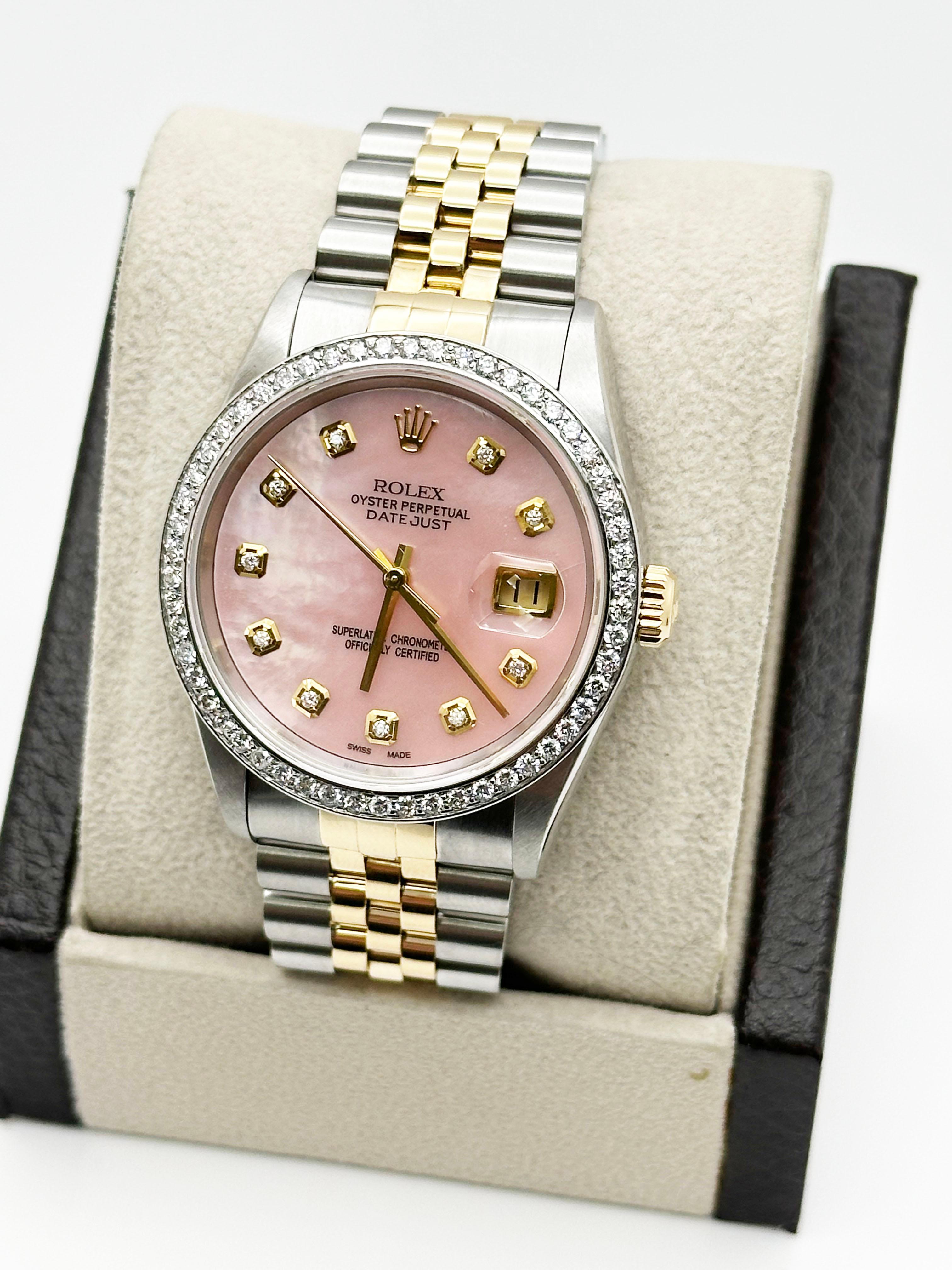 Donna Rolex Datejust 16233 36mm Pink MOP Diamond Quadrante Oro Giallo 18K Steele Jubilee in vendita