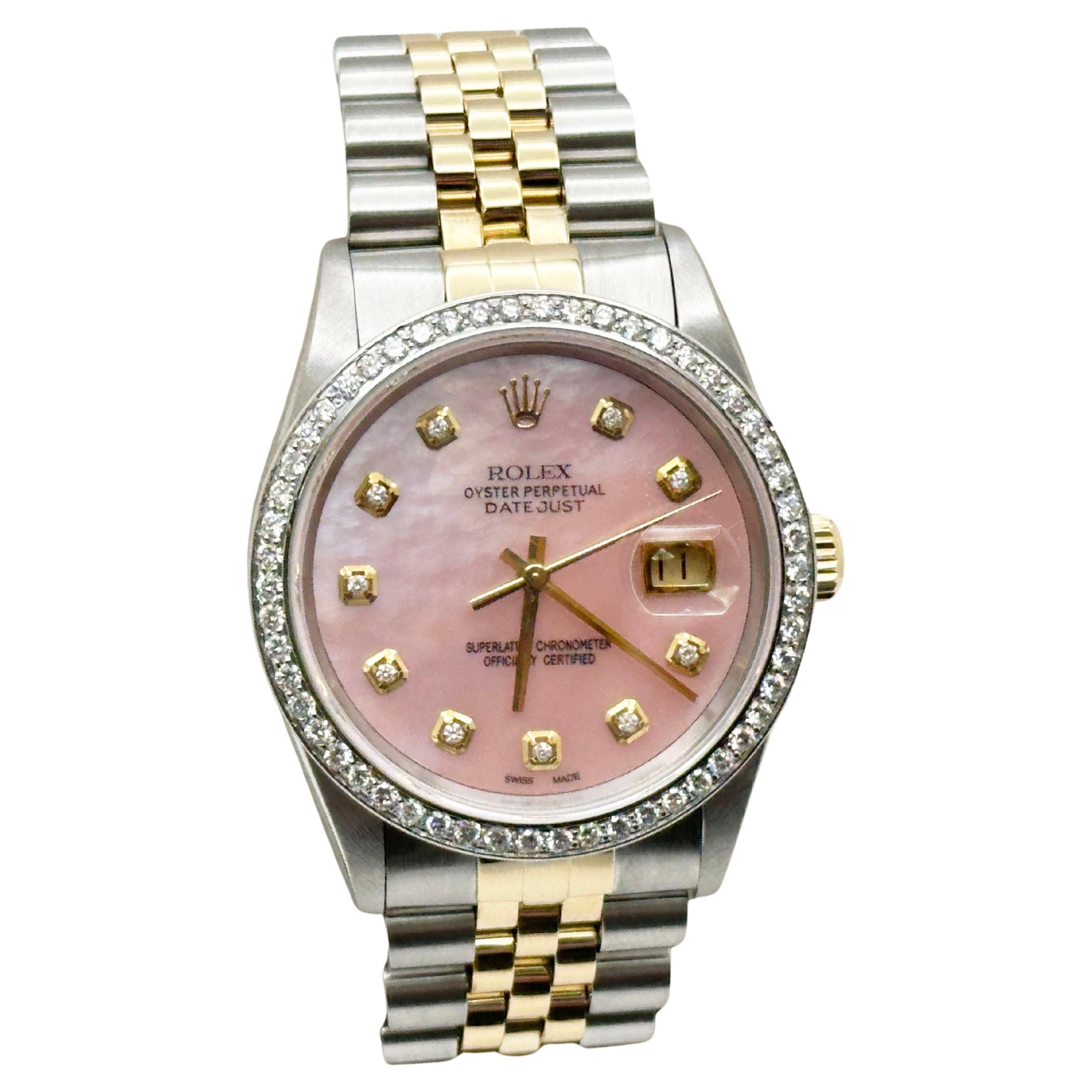 Rolex Datejust 16233 36mm Pink MOP Diamond Dial 18K Yellow Gold Steel Jubilee