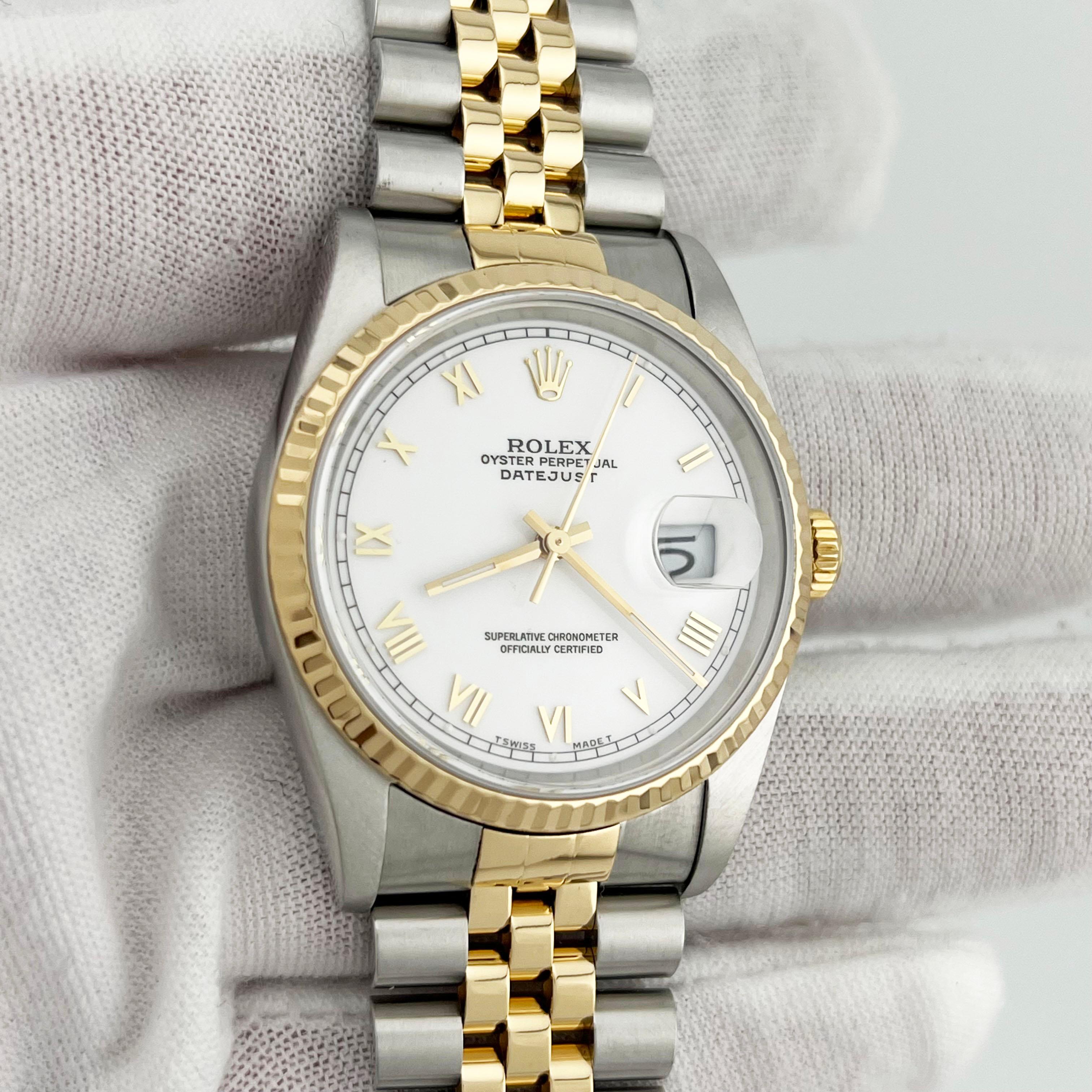 Rolex Datejust 16233 36mm White Roman Dial 18K Yellow Gold Stainless Steel 6