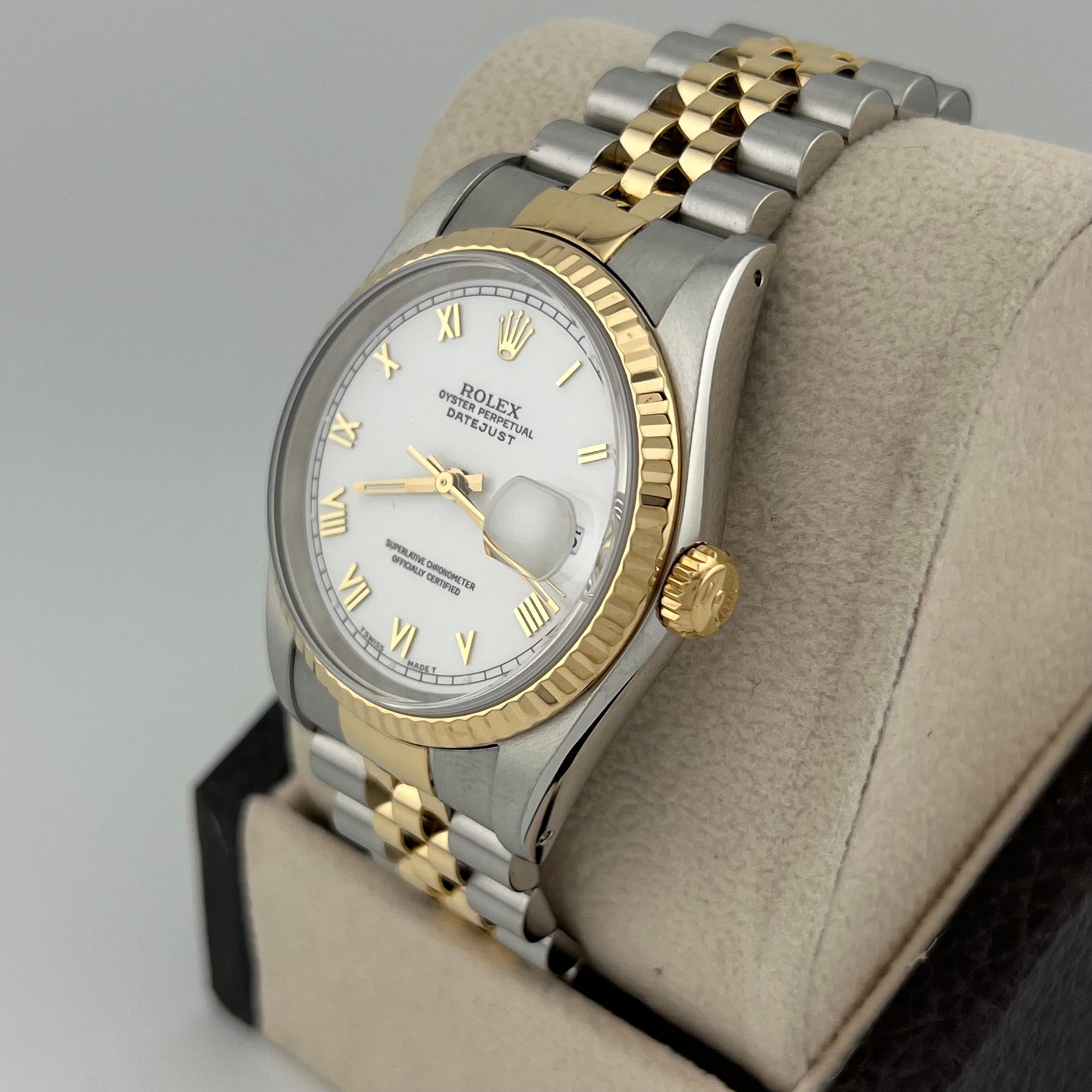 Rolex Datejust 16233 36mm White Roman Dial 18K Yellow Gold Stainless Steel In Excellent Condition In San Diego, CA