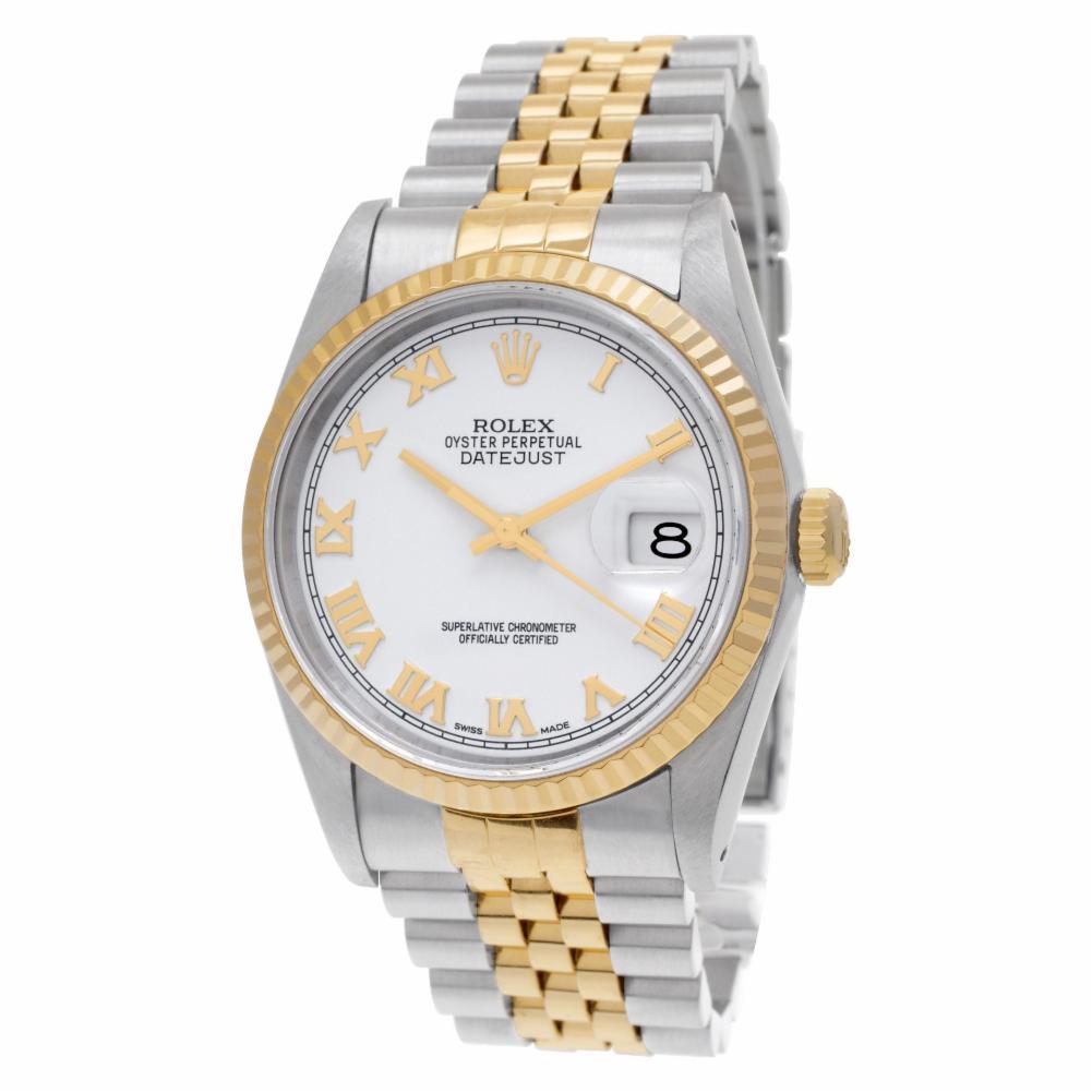 Rolex Datejust Reference #:16233. Rolex Datejust in 18k & stainless steel with white Roman numeral dial. Auto w/ sweep seconds and date. 36 mm case size. Ref 16233. Circa 1991. Fine Pre-owned Rolex Watch. Certified preowned Dress Rolex Datejust
