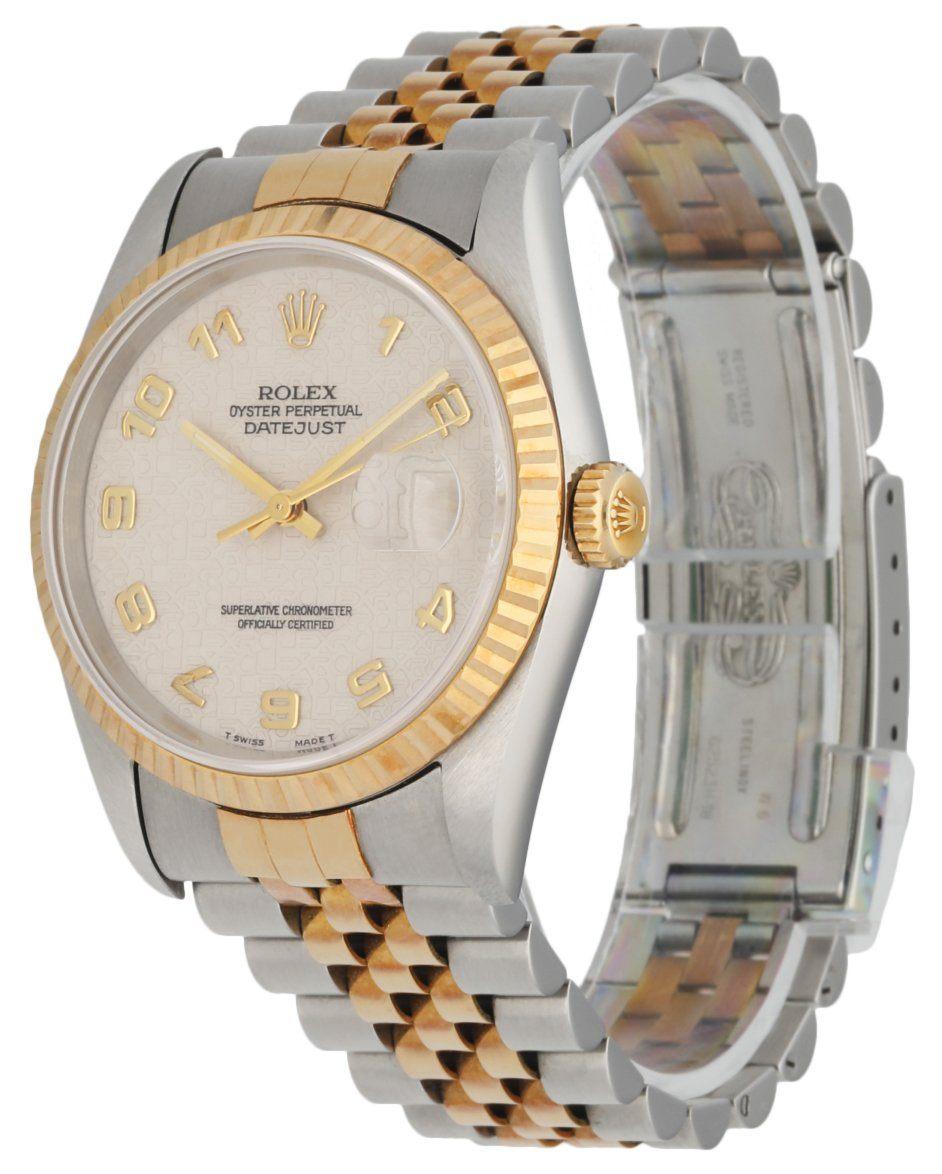 Rolex Datejust 16233 Men's Watch. 36mm Stainless Steel case. 18K Yellow Gold fluted bezel. Light Cream Anniversary dial with gold luminous hands and gold Arabic numeral hour markers. Date display at the 3 o'clock position. Stainless Steel & 18K