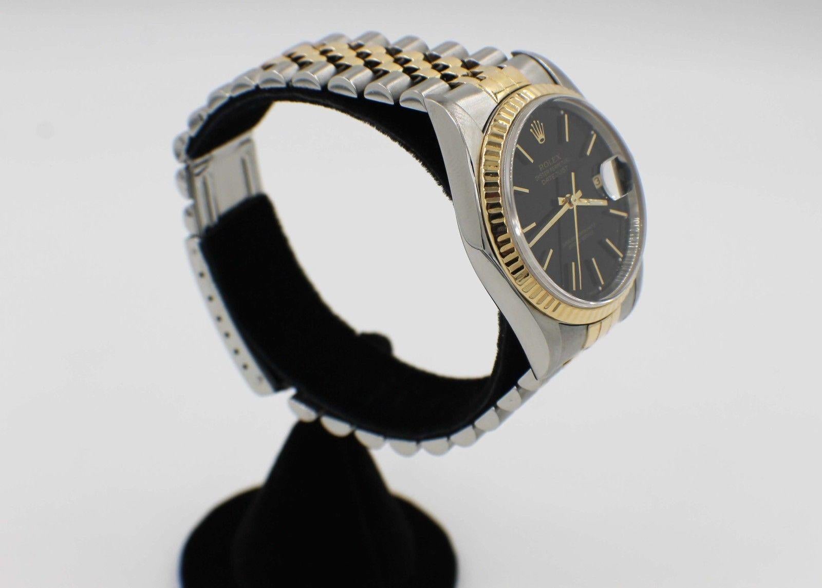 Rolex Datejust 16233 Black Dial 18K Yellow Gold & Stainless Steel Box & Papers In Excellent Condition In San Diego, CA