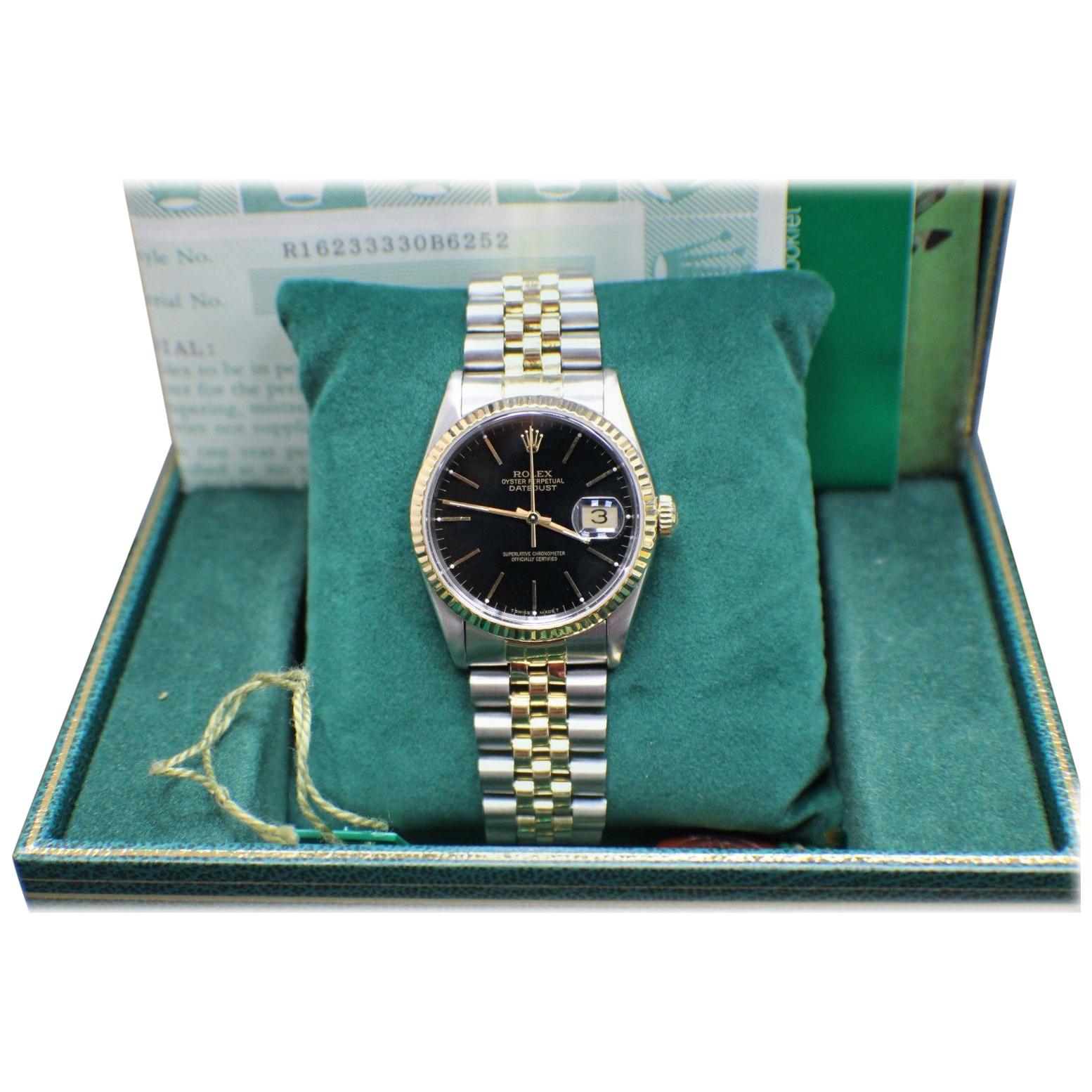 Rolex Datejust 16233 Black Dial 18K Yellow Gold & Stainless Steel Box & Papers